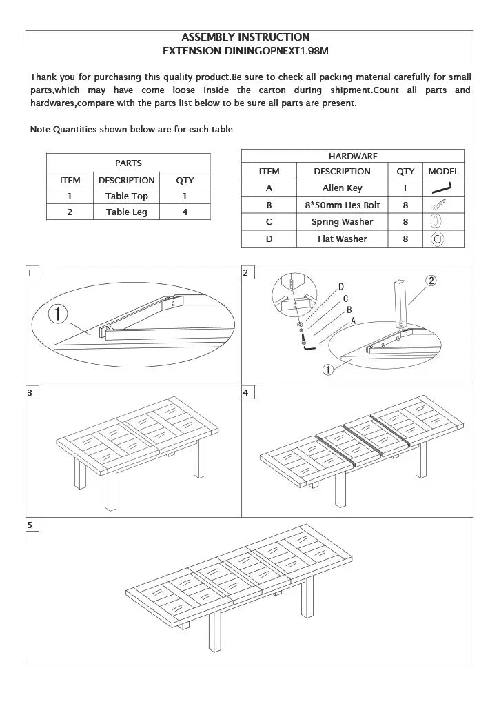 Extension dining table assembly instructions with parts list, hardware guide, and step diagrams