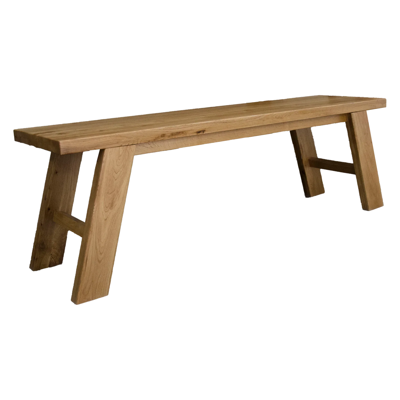 Solid oak dining bench with angled legs and natural wood grain finish