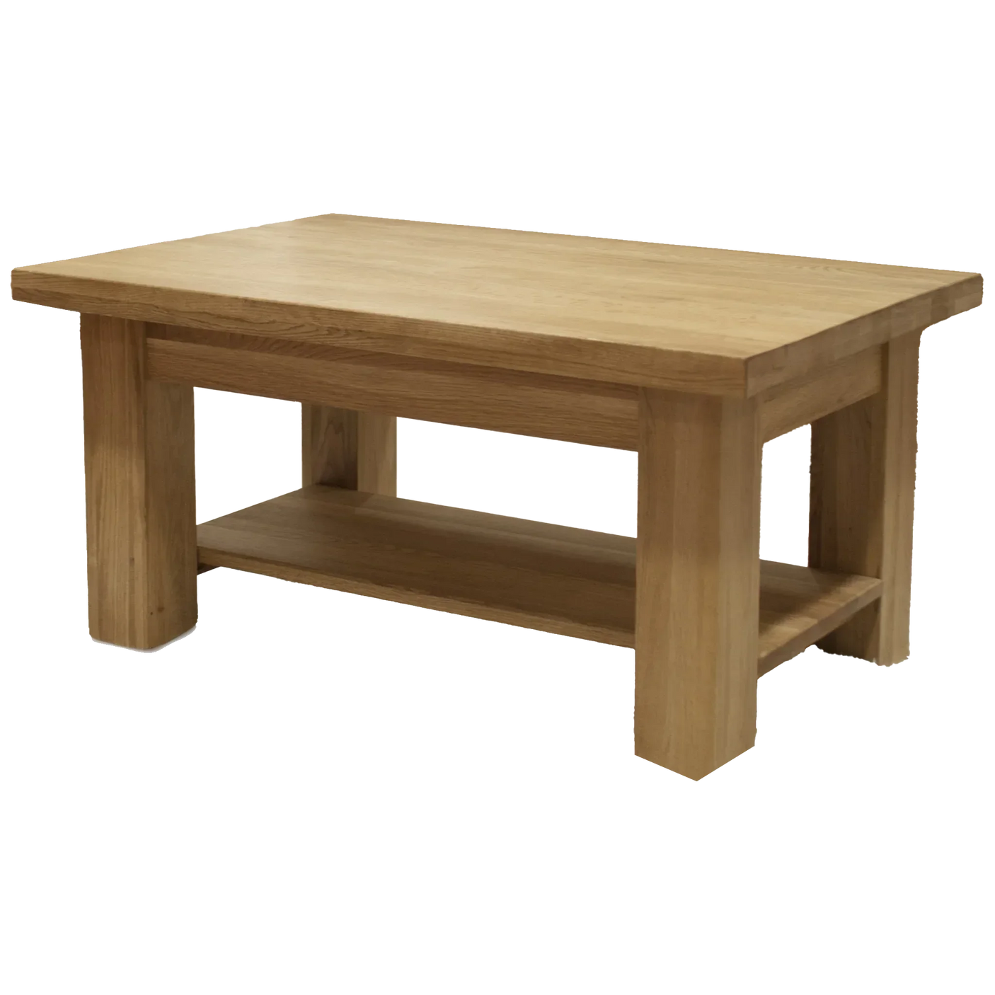 Oak coffee table with lower shelf and chunky legs, angled front view