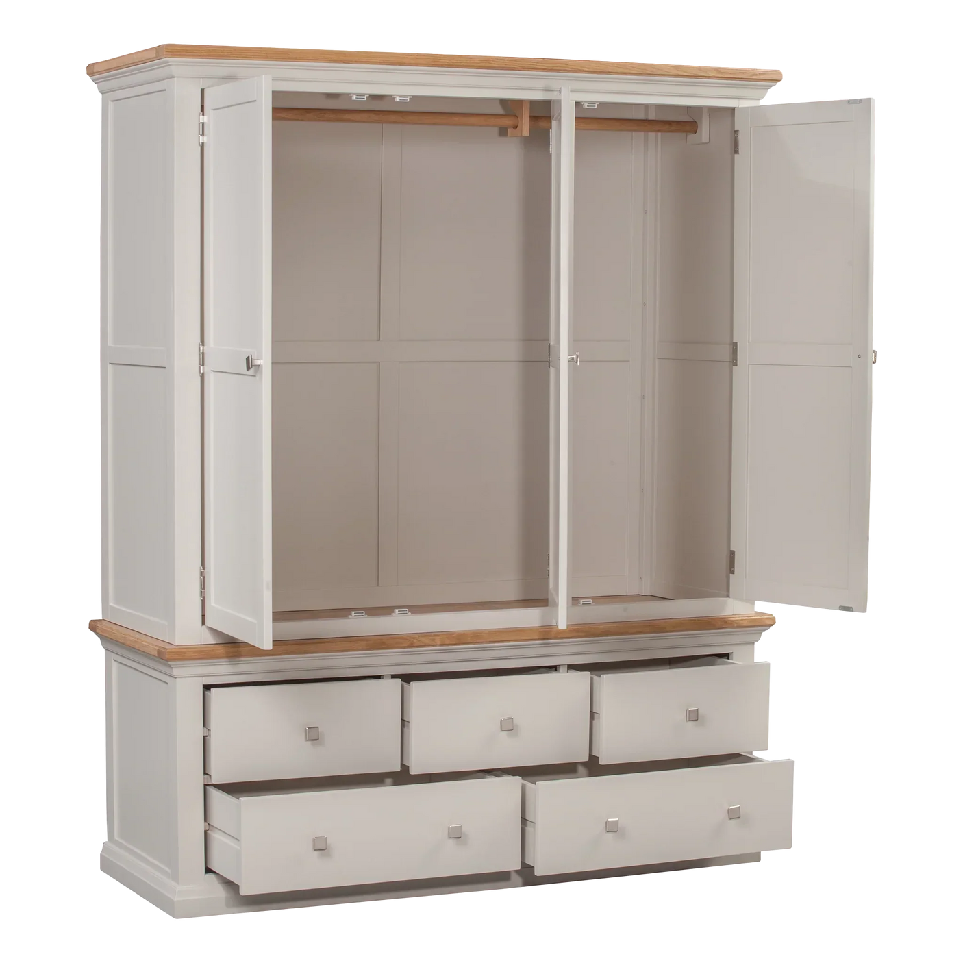 Painted wooden wardrobe with open double doors, hanging rail, and six open storage drawers