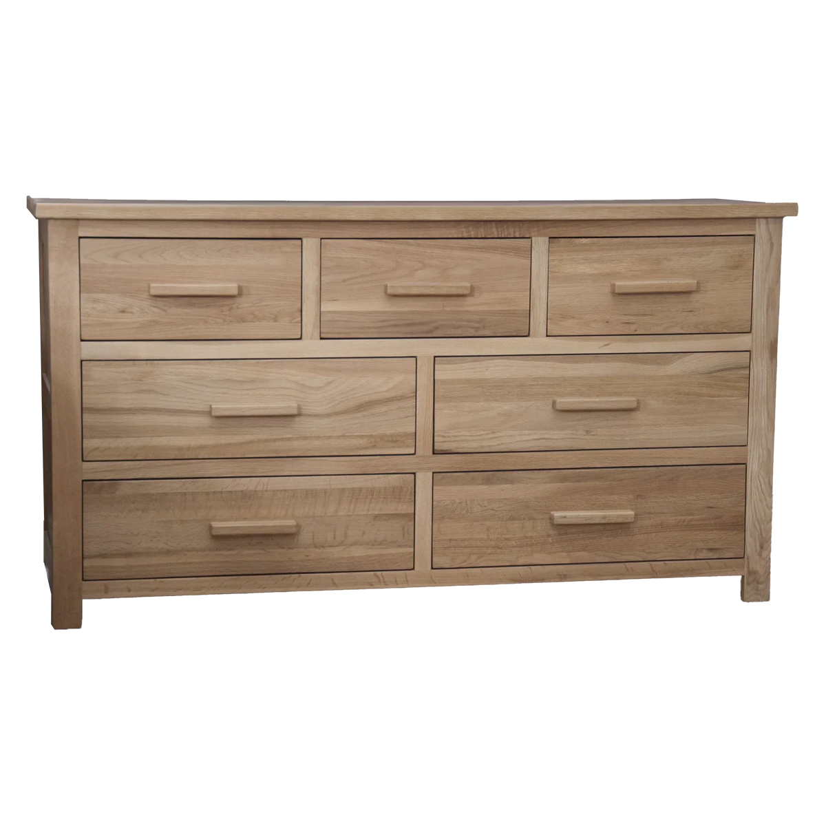 Oak chest of drawers with seven storage drawers and wide rectangular design