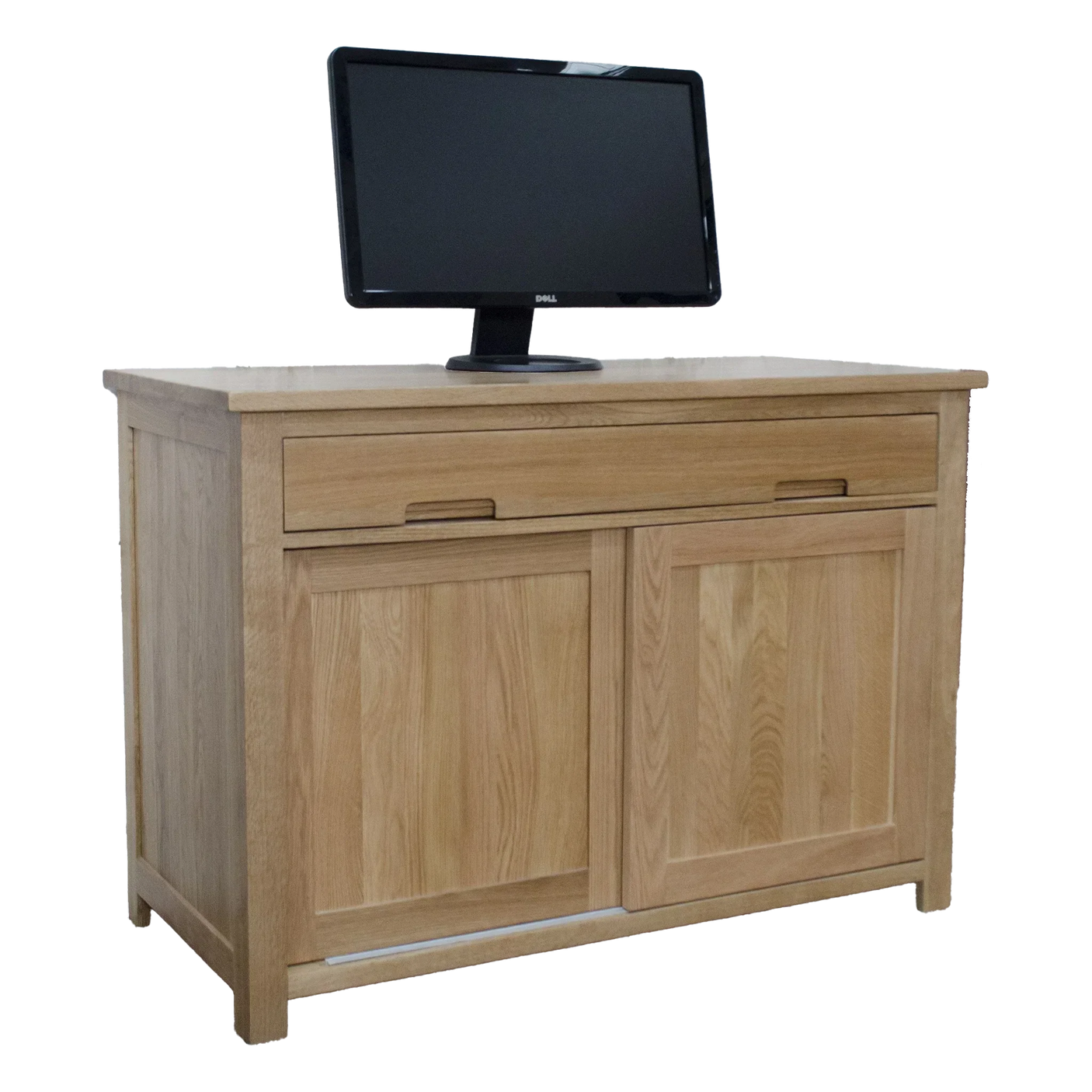 Oak sideboard with sliding doors and drawer, computer monitor on top