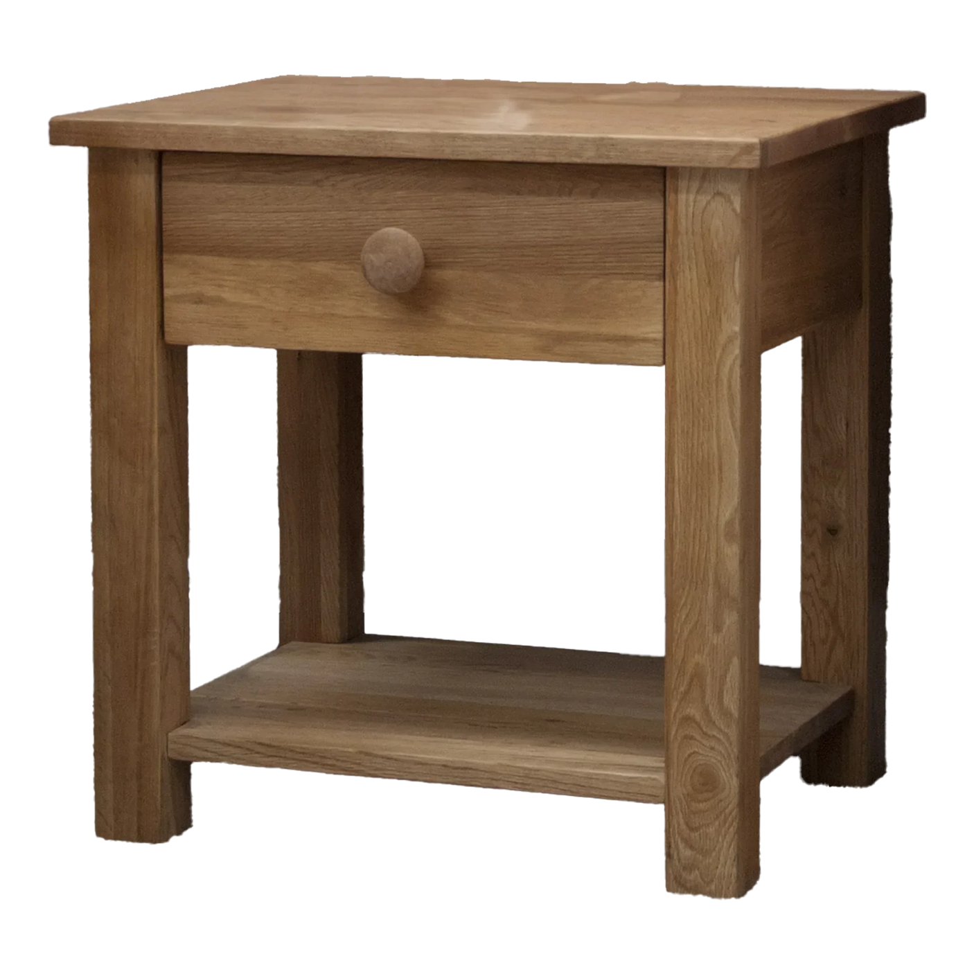 Oak bedside table with single drawer and lower shelf, natural wood finish