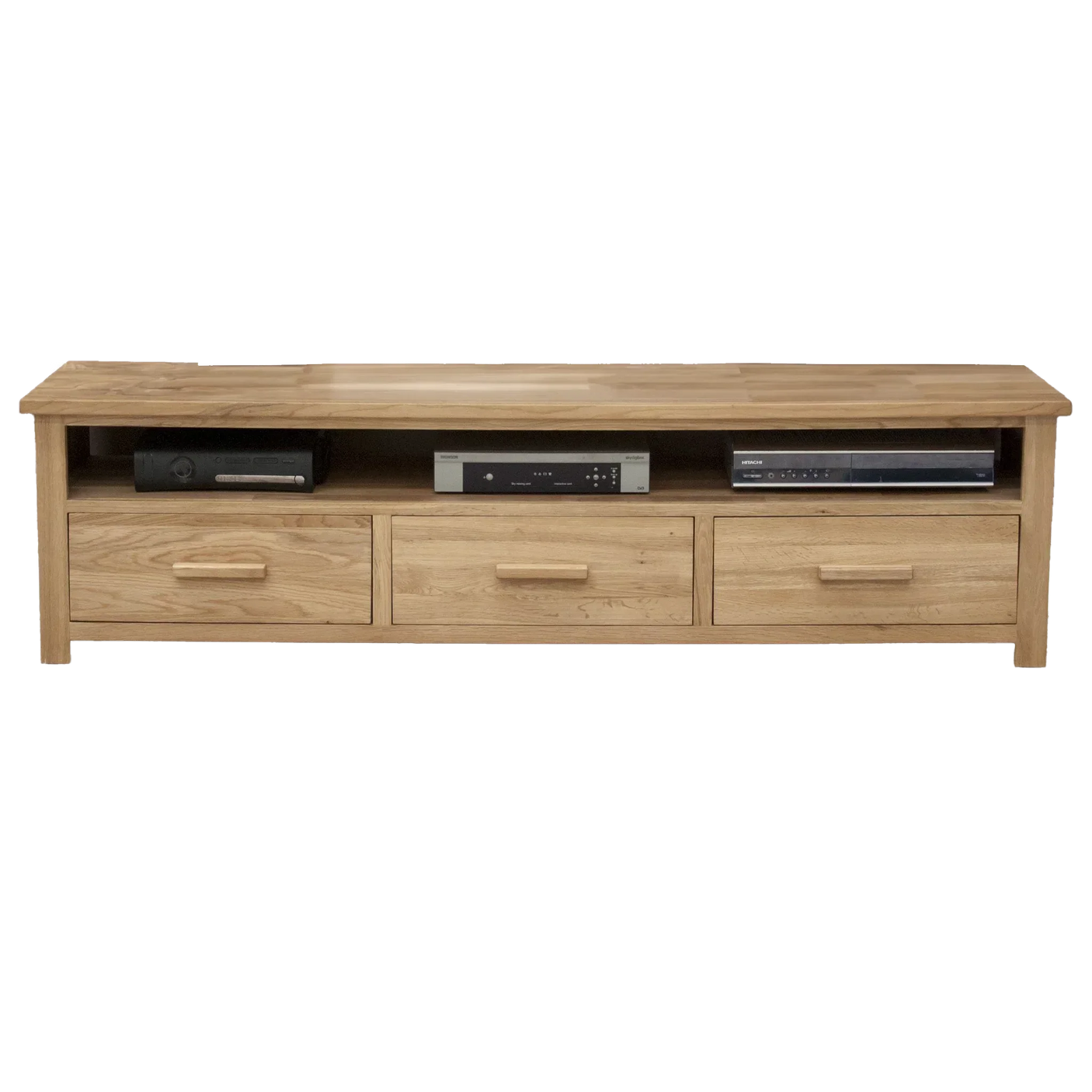 Oak TV unit with three drawers and open shelf, featuring natural wood finish