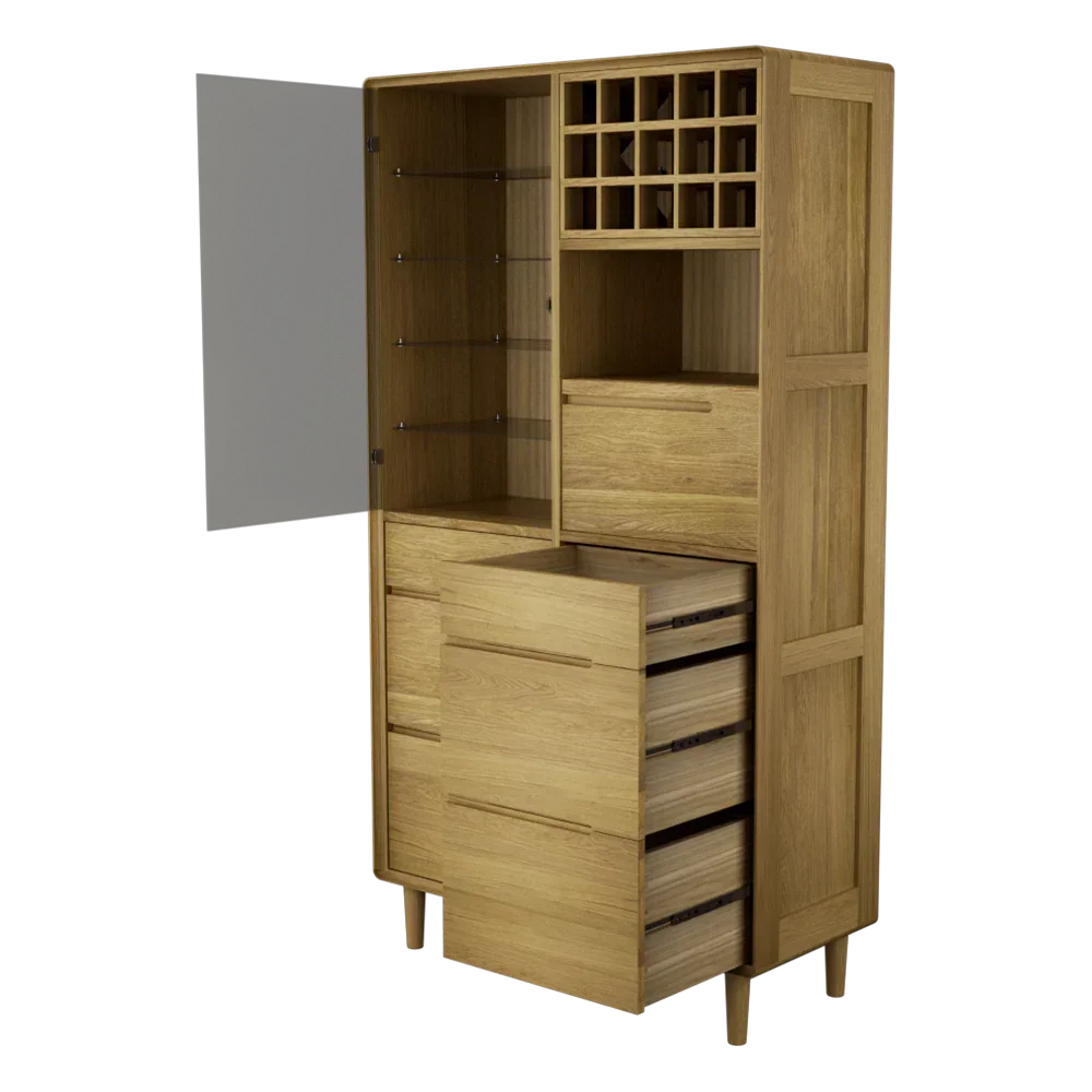 Oak storage cabinet with open drawers, glass shelves and wine rack compartments