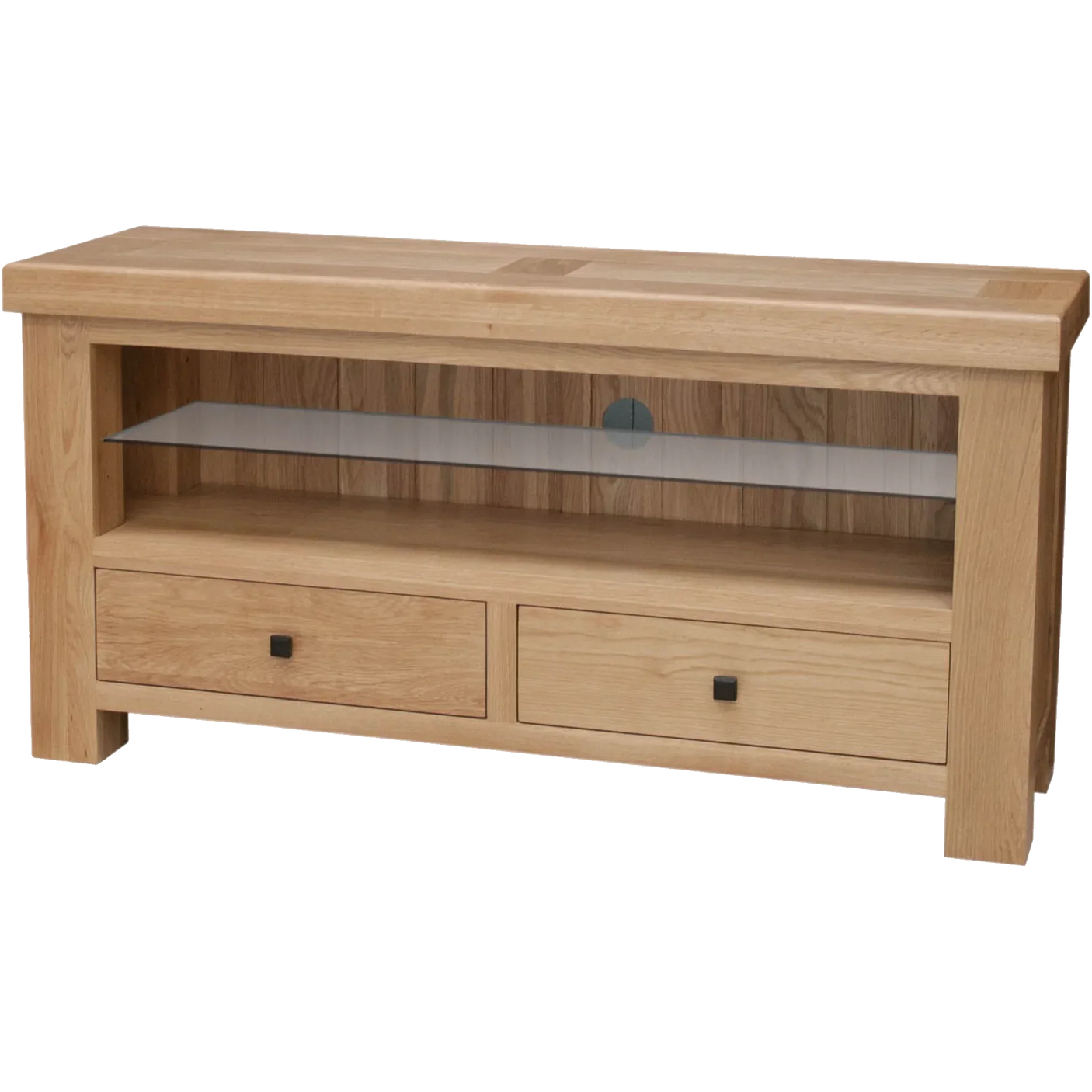 Oak TV unit with glass shelf and two drawers, modern wooden entertainment stand