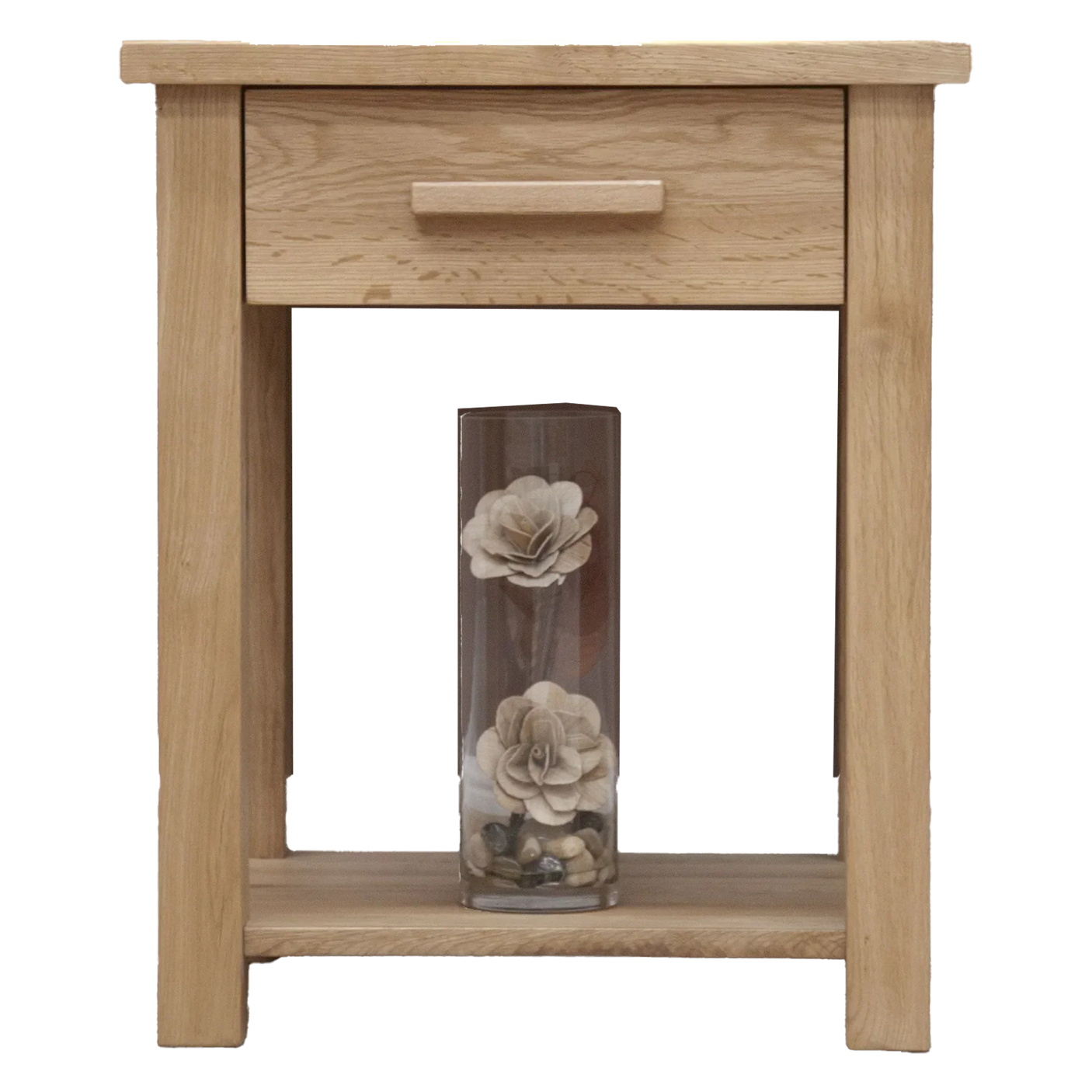 Oak bedside table with single drawer and lower shelf, clear vase with flowers displayed