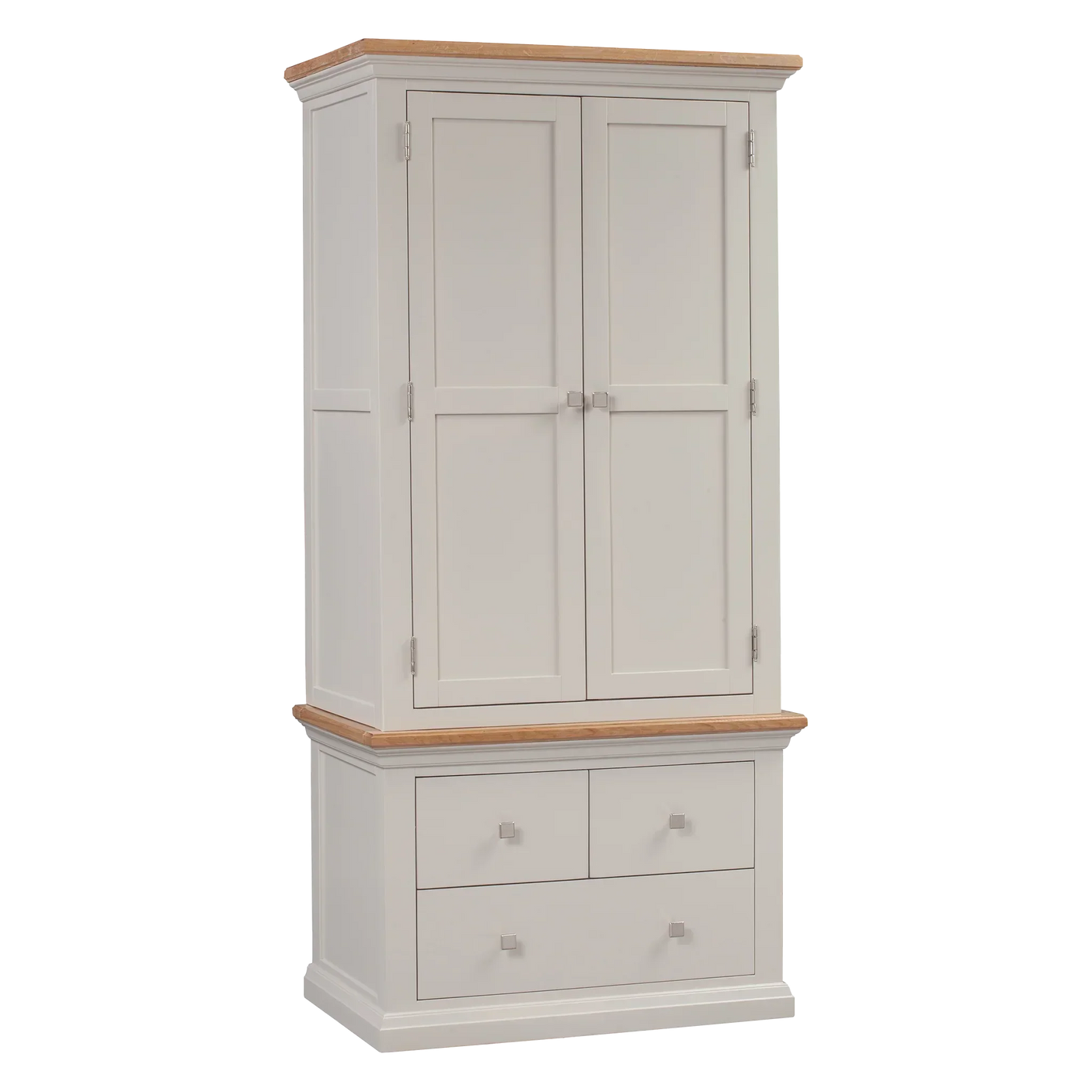 Cream wooden storage cabinet with two doors and four drawers, oak top finish