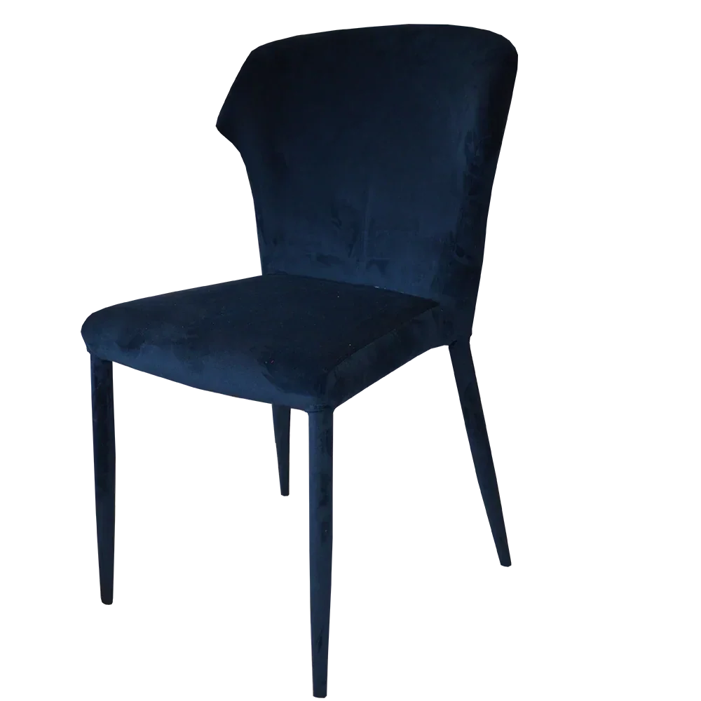 Navy velvet dining chair with angled legs and curved backrest