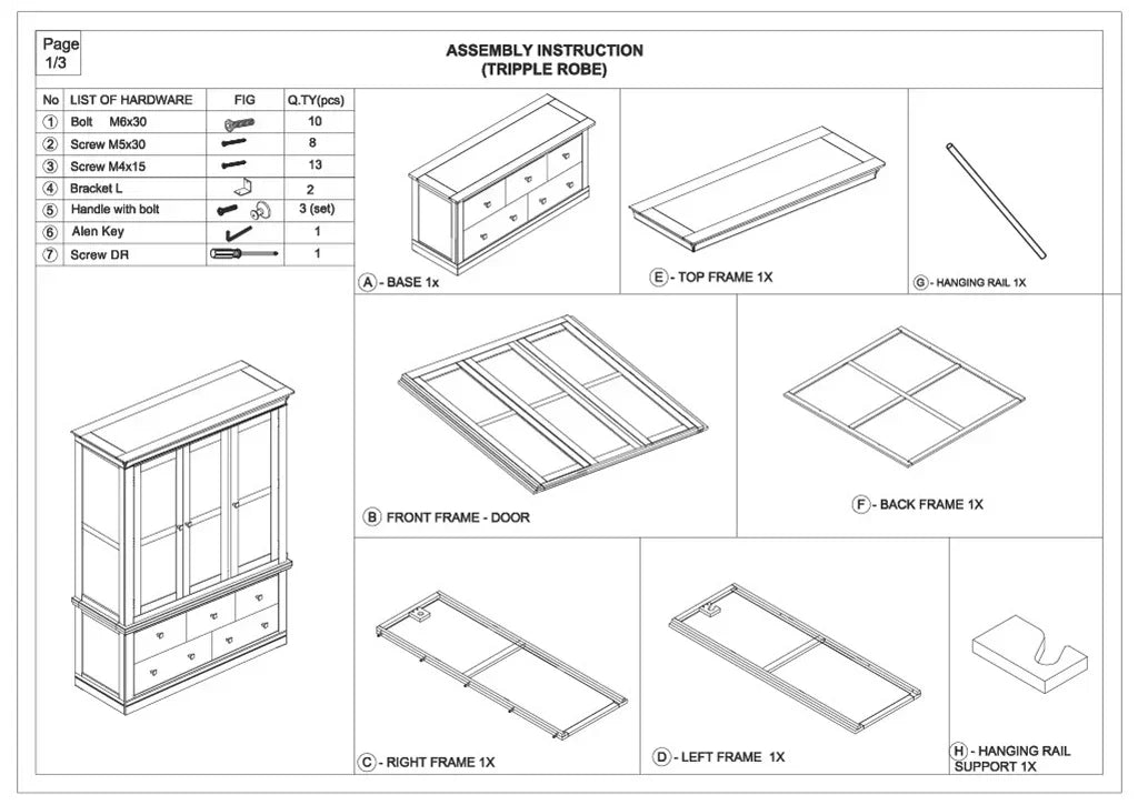 Triple wardrobe assembly instructions with labeled parts, hardware list, and diagram views