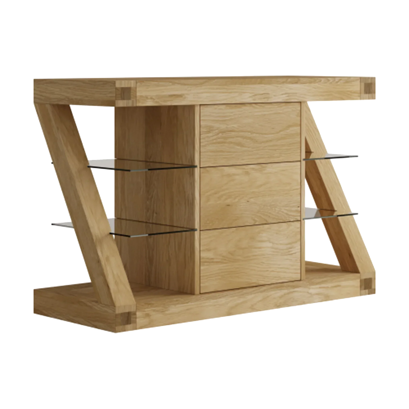 Modern oak sideboard with angled frame and glass shelves