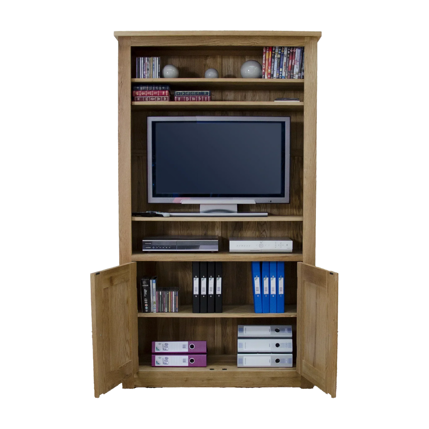 Oak TV unit with open shelves, storage for files, DVDs, and electronics