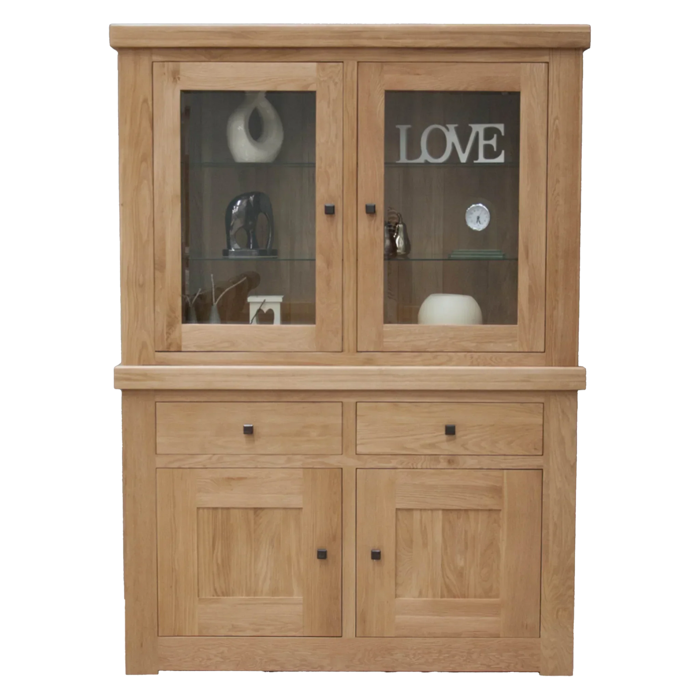 Oak display cabinet with glass doors, two drawers, and lower storage cupboards