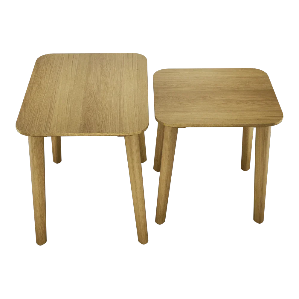 Set of two light oak nesting tables with rounded edges and straight wooden legs