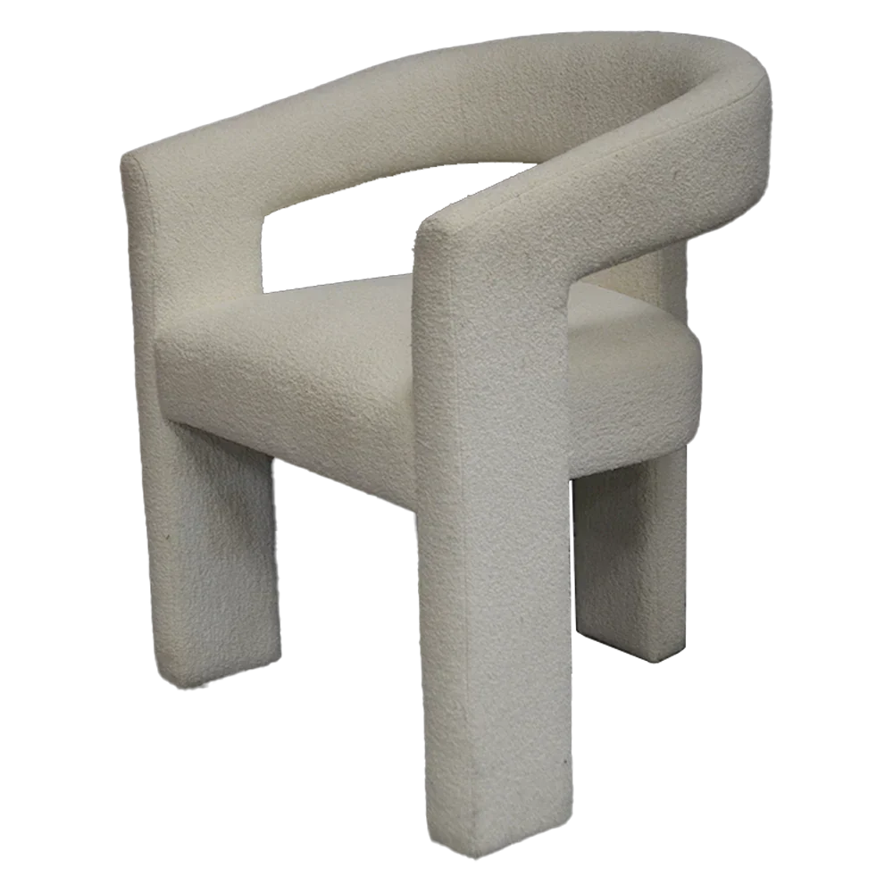 Curved back armchair with off-white textured upholstery and modern design
