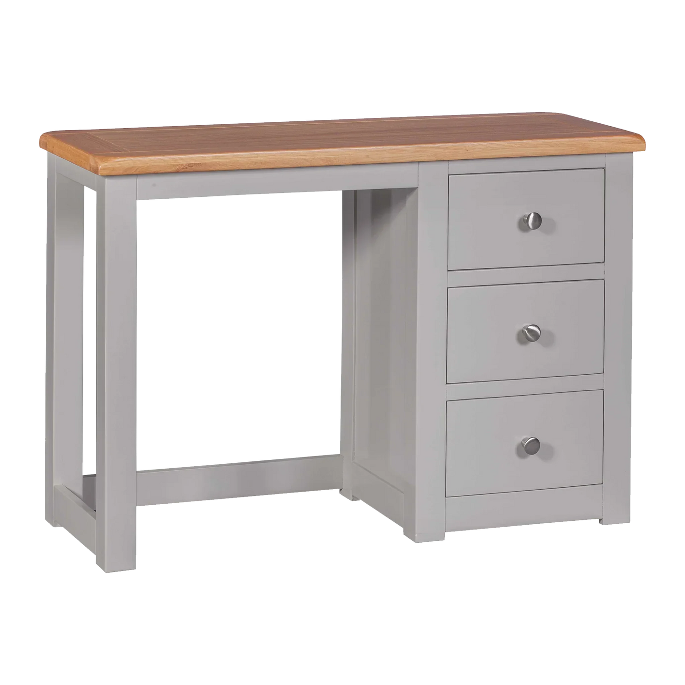 Grey wooden dressing table with three drawers and oak top
