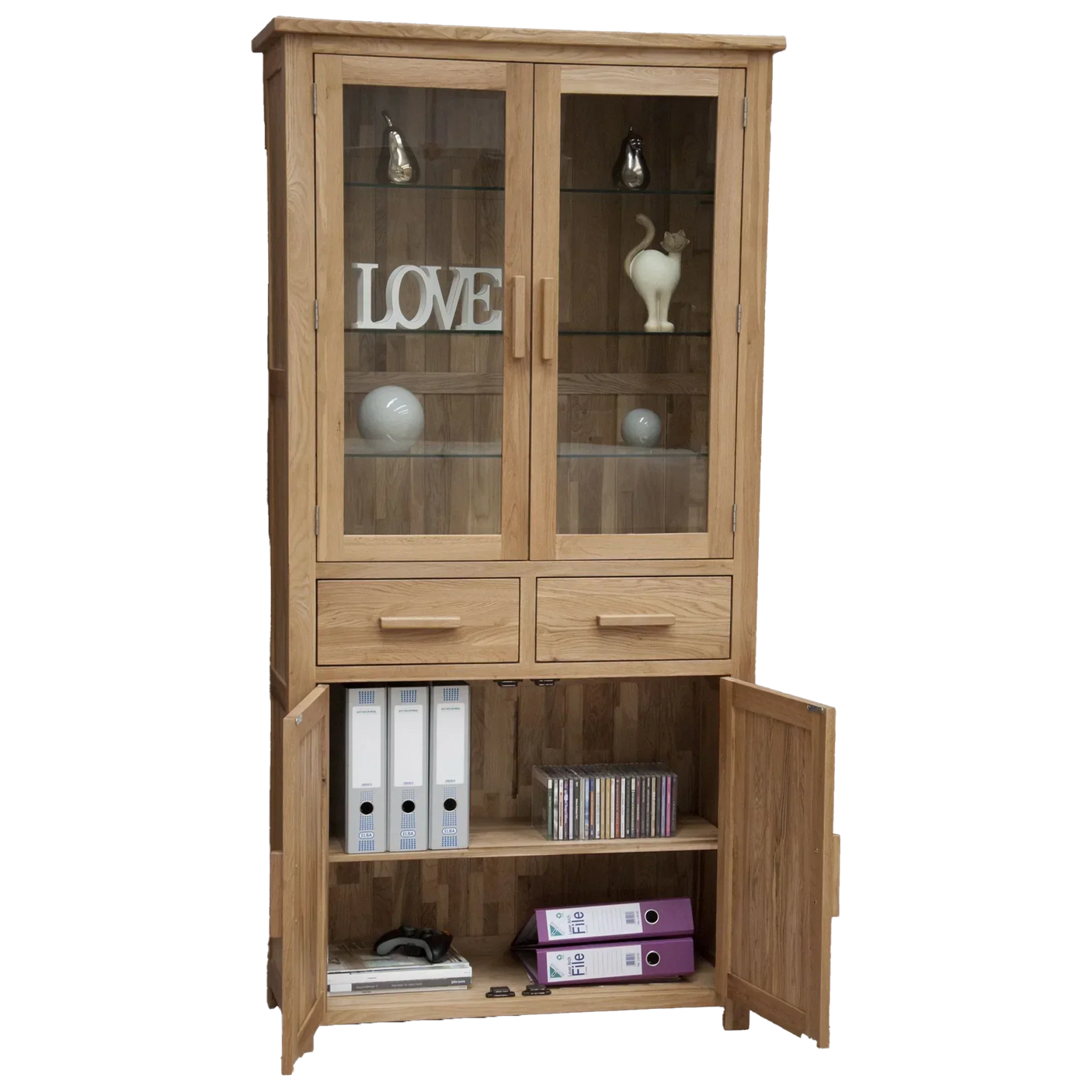Oak display cabinet with glass doors, drawers, and open lower shelf storing folders and CDs