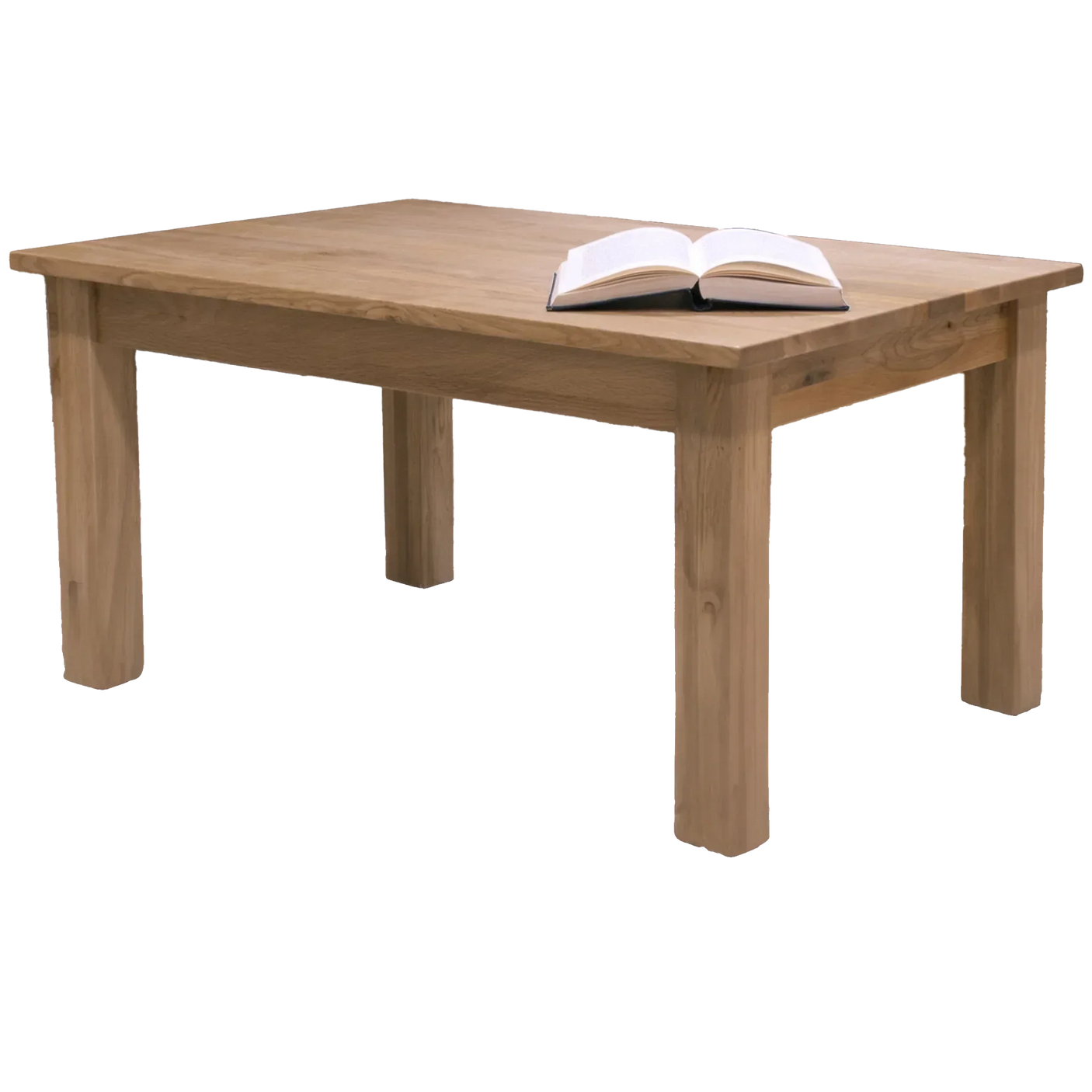 Rectangular oak dining table with open book on top, sturdy legs, natural wood finish
