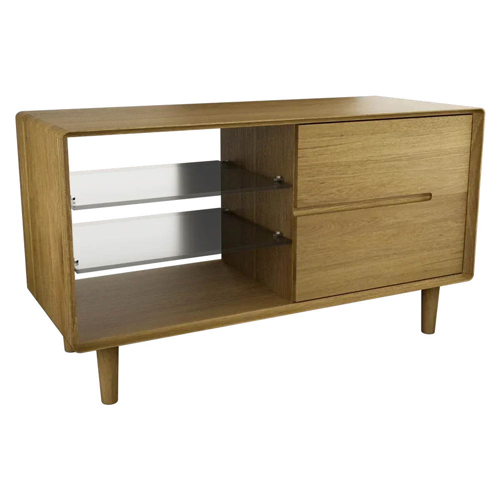 Oak sideboard with two drawers and glass shelves on raised legs