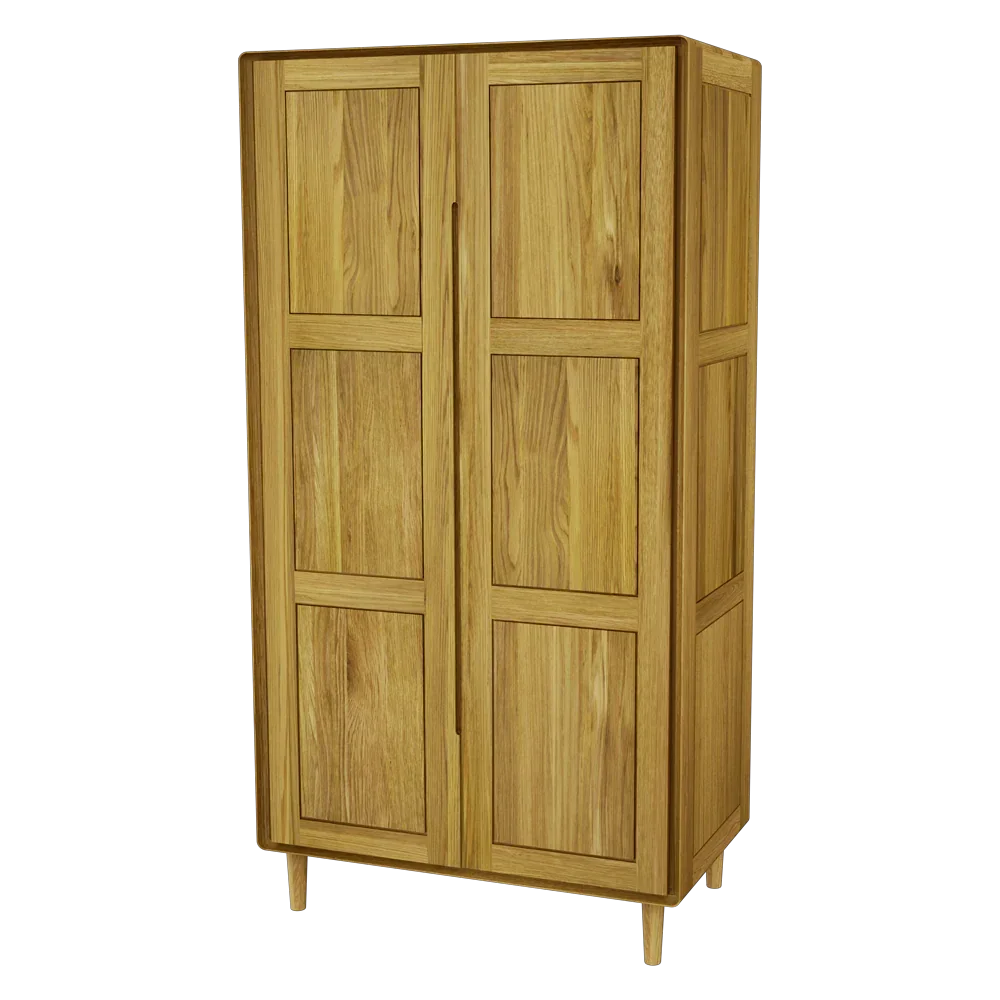 Oak wood wardrobe with double panelled doors and minimalist legs