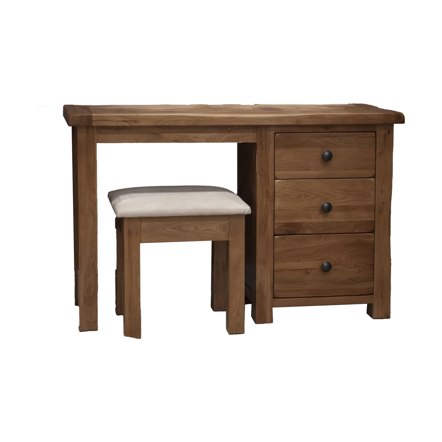 Oak dressing table with three drawers and matching padded stool