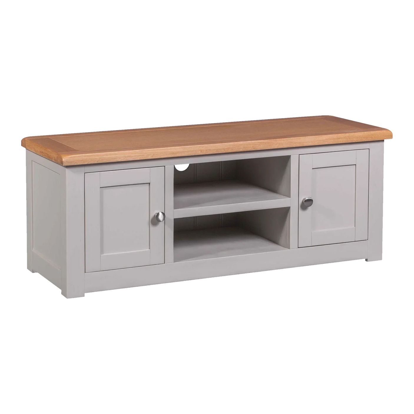 Grey wooden TV unit with natural oak top, two cabinets and open shelves for storage
