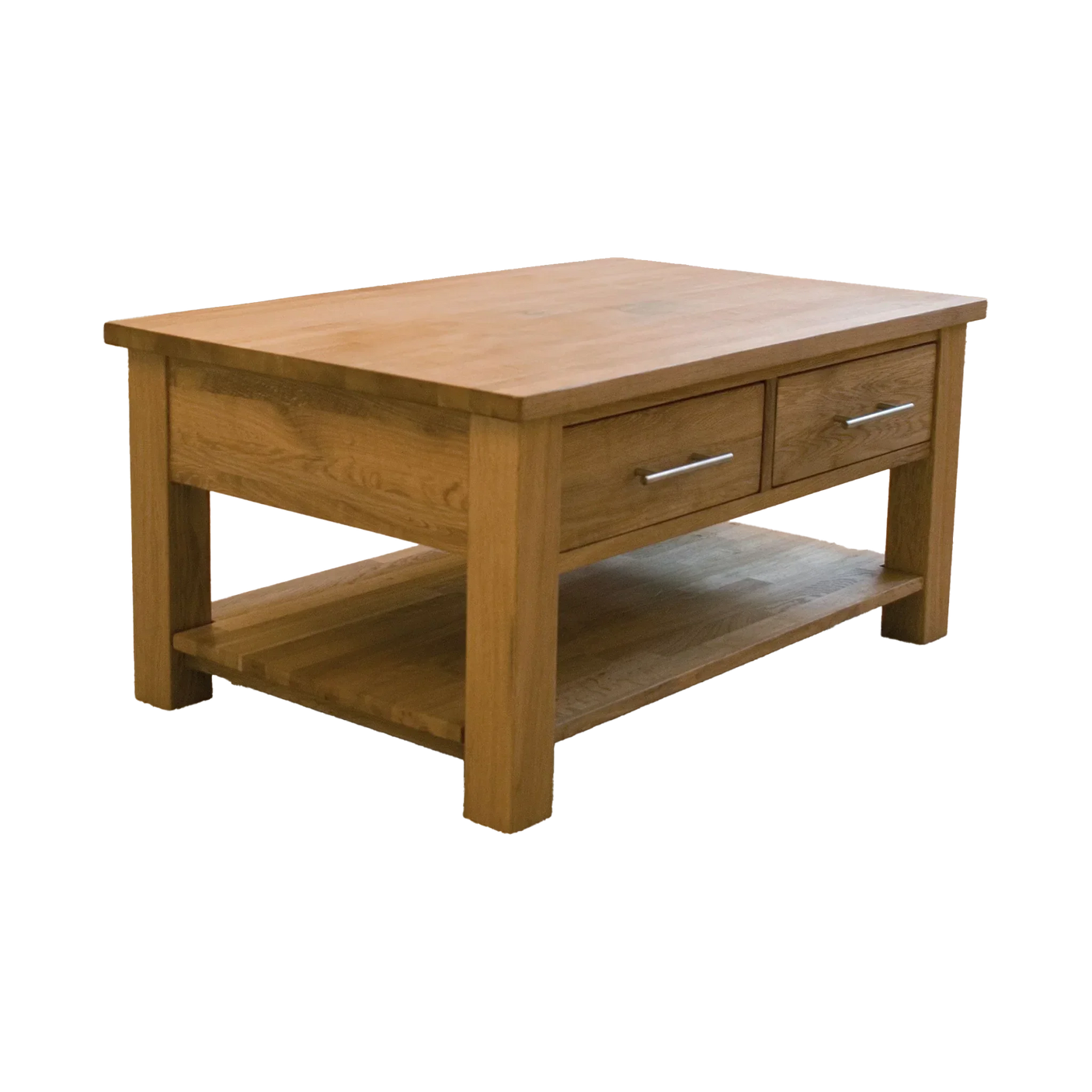 Oak coffee table with two drawers, metal handles, and lower storage shelf