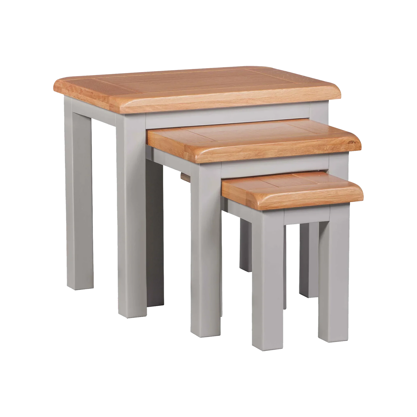 Set of three oak and grey nesting tables with square wooden tops and painted legs