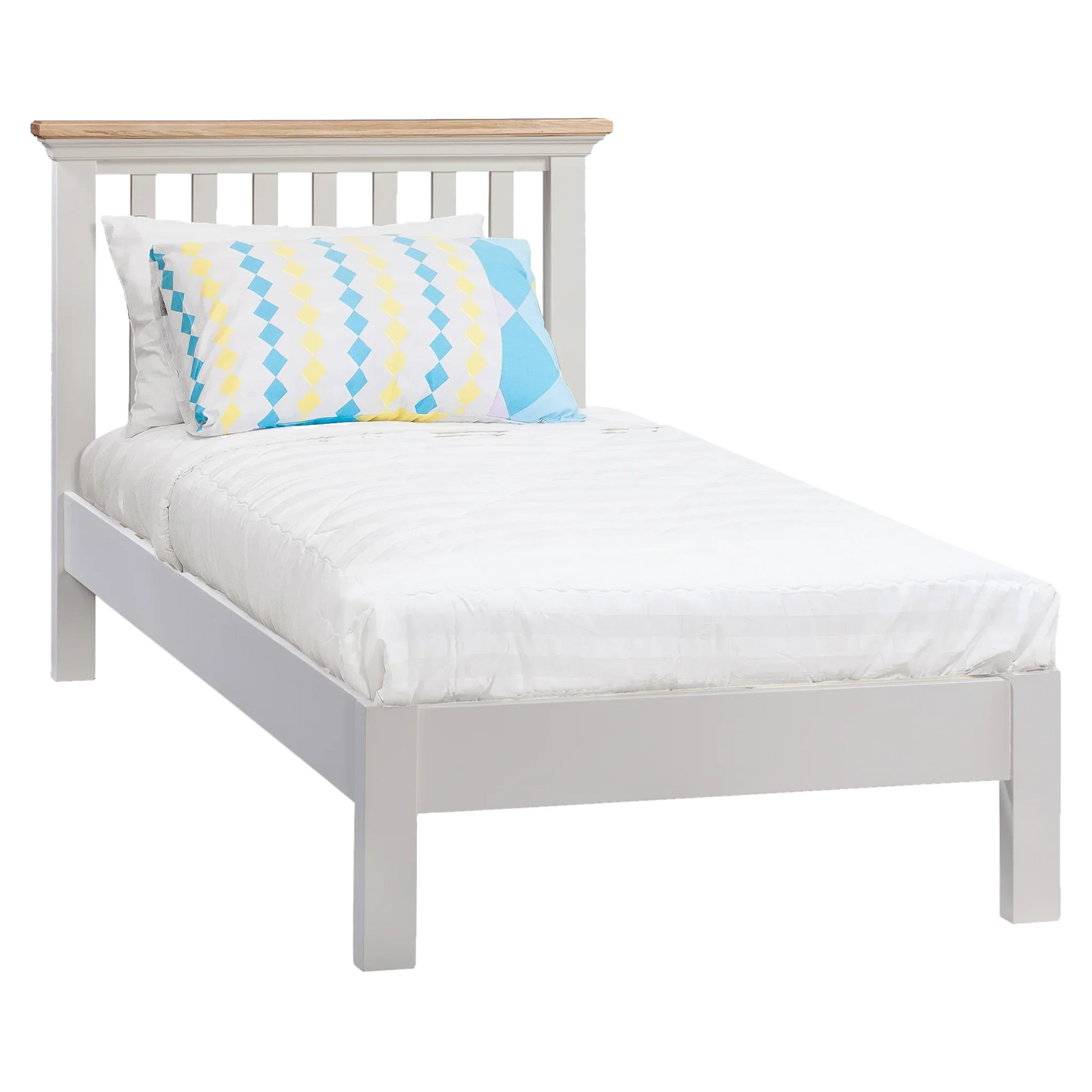 White wooden single bed frame with slatted headboard and light wood top panel