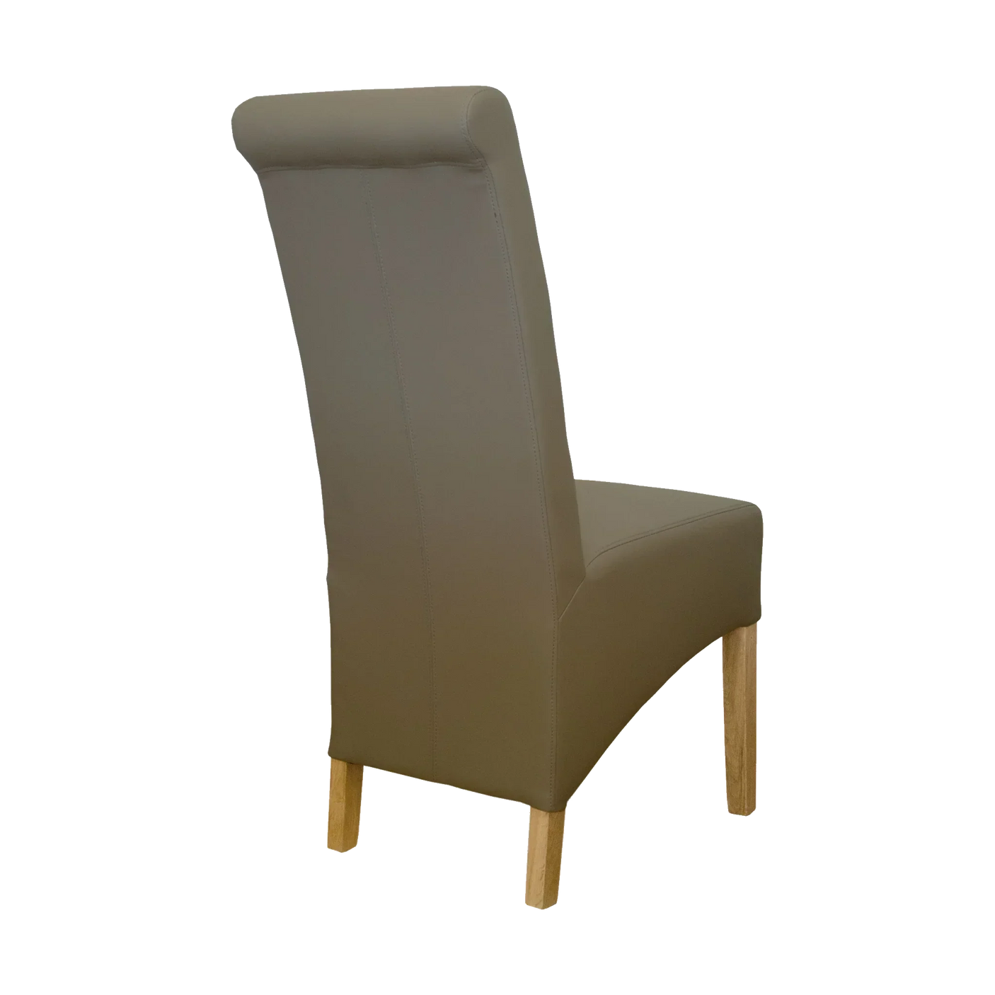 Brown leather dining chair with high back and wooden legs, rear angle view