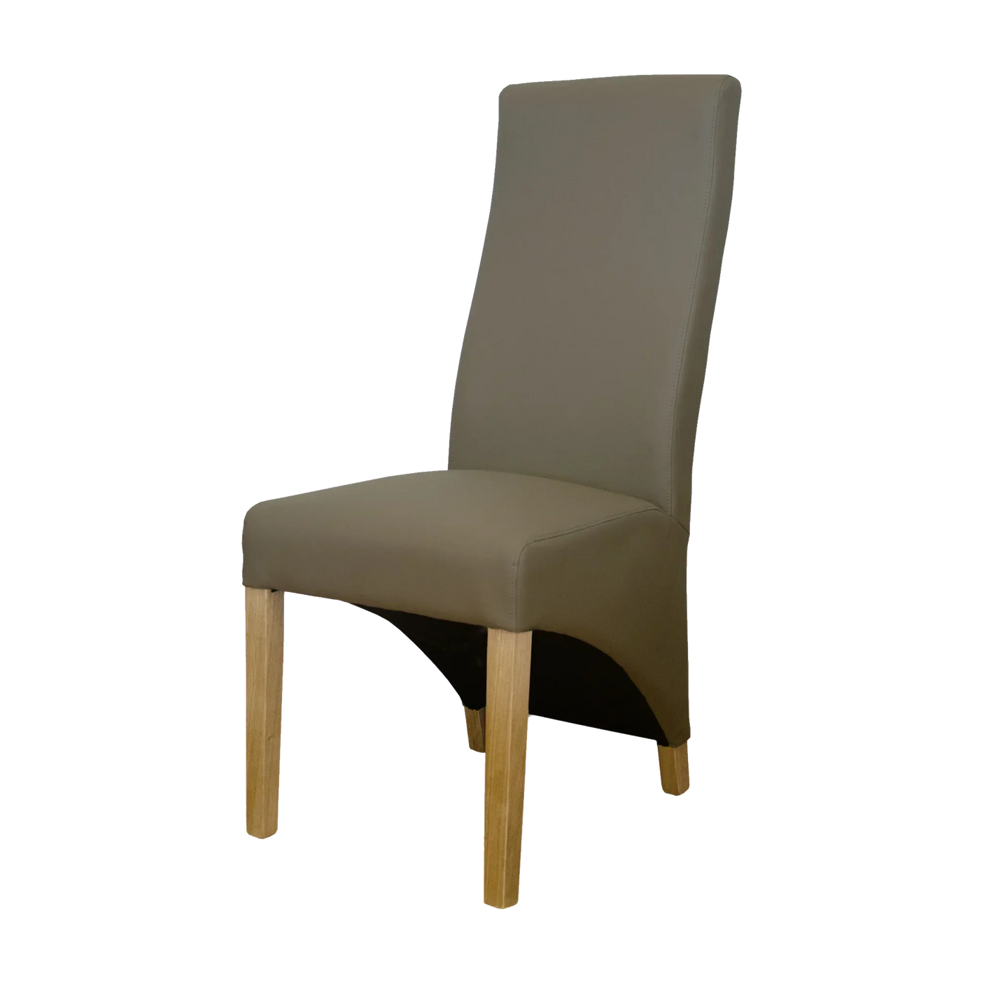 Taupe leather dining chair with high back and natural wood legs, angled side view