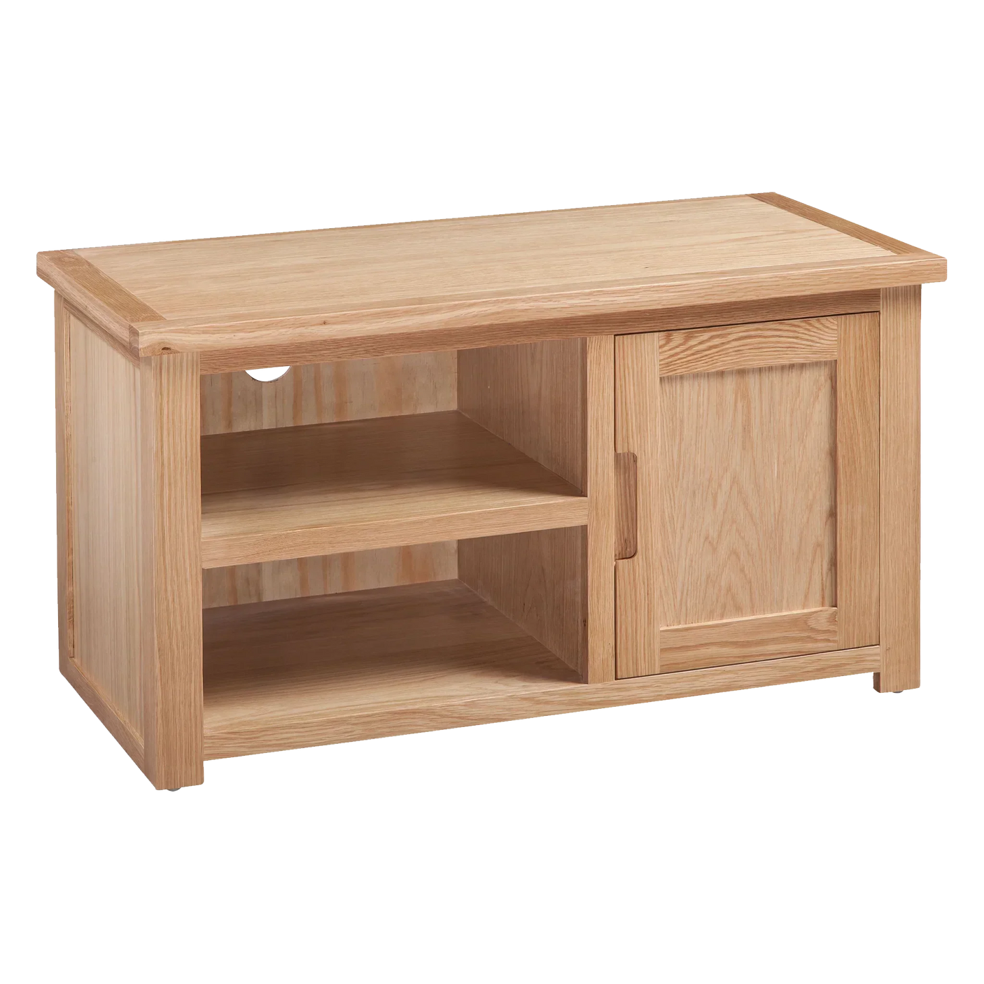 Light oak TV unit with side cabinet and open shelving for living room storage