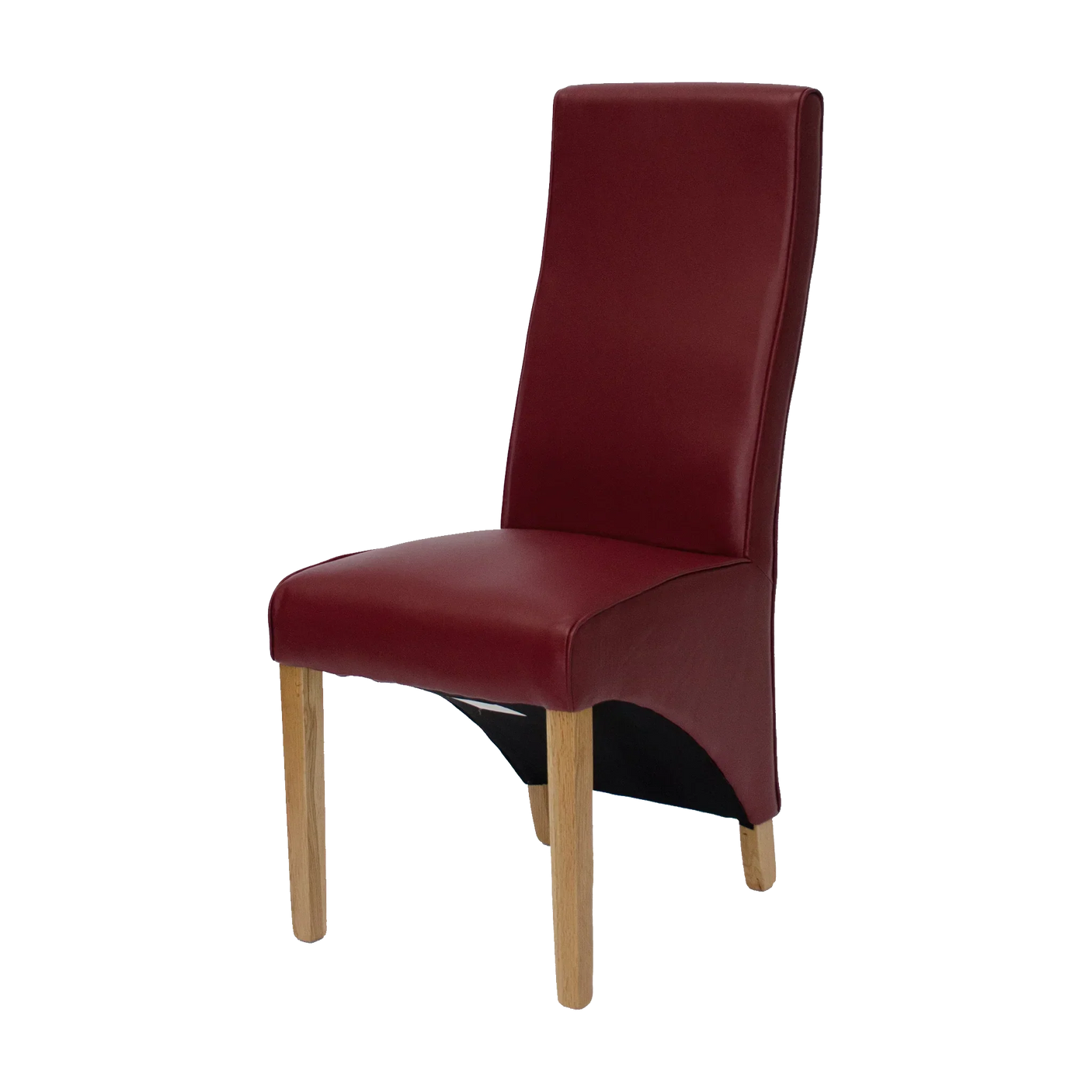 Red leather dining chair with wooden legs, angled view