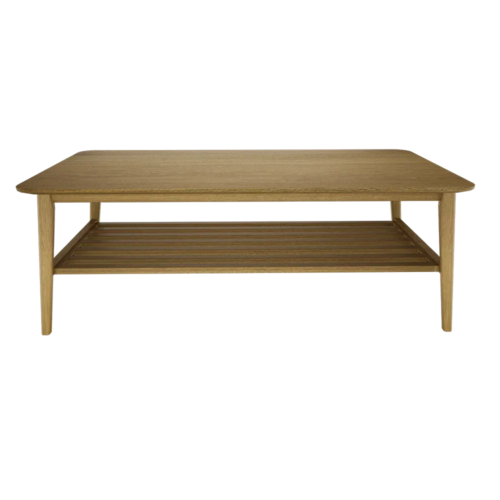 Rectangular oak coffee table with lower slatted storage shelf, front angle view