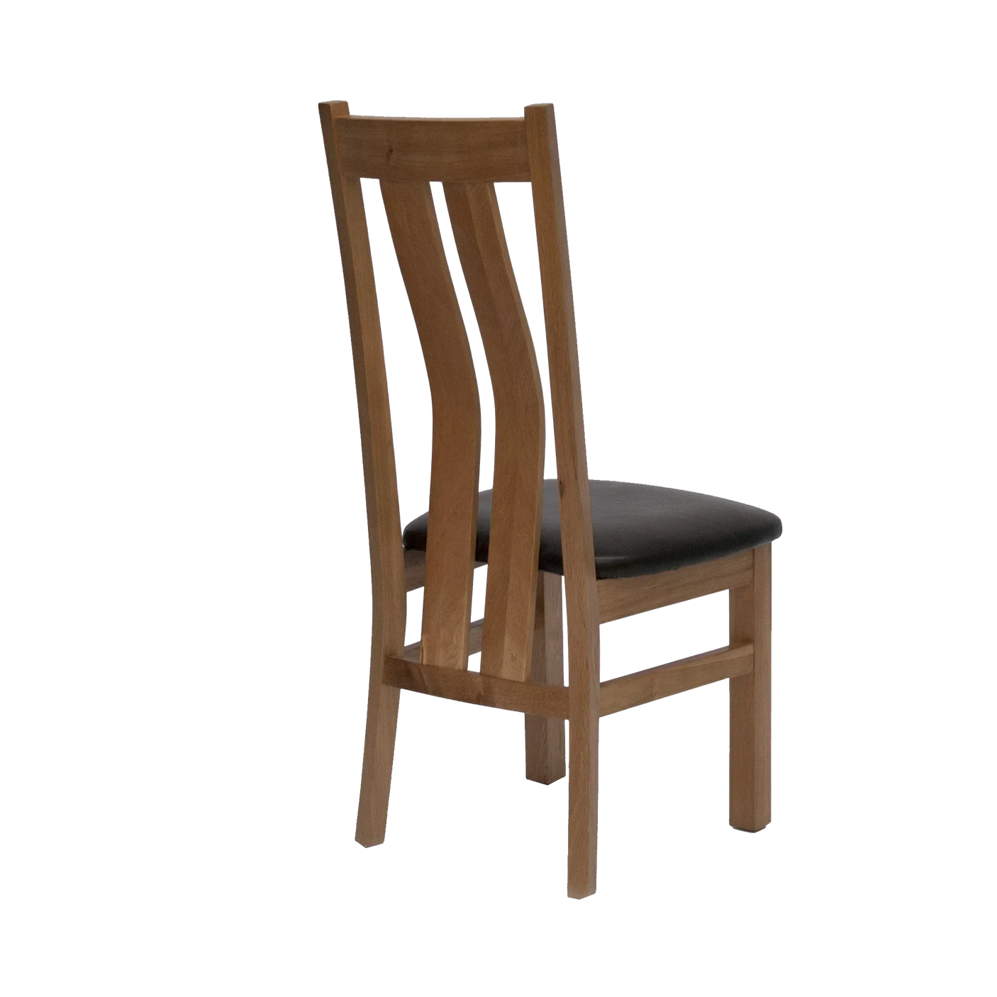 Oak dining chair with slatted back and black cushioned seat, rear side view