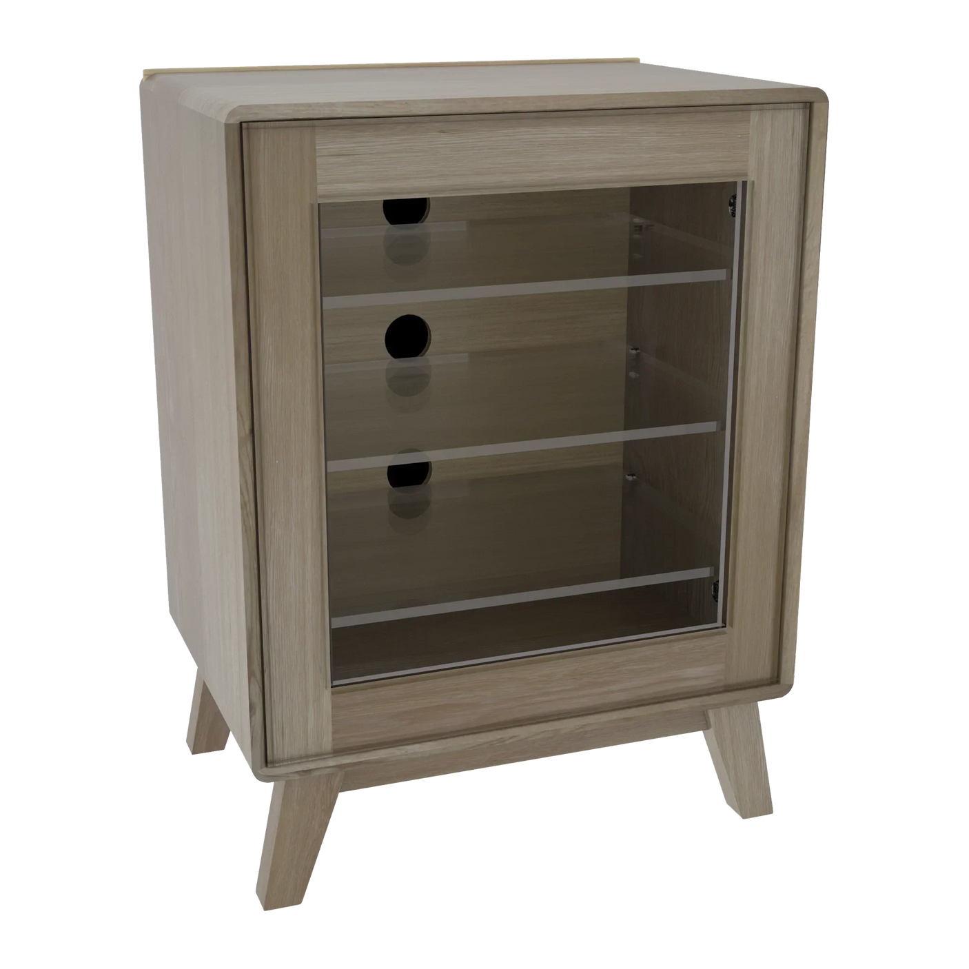Light wood TV cabinet with glass door and open shelving, cable holes at back, angled legs