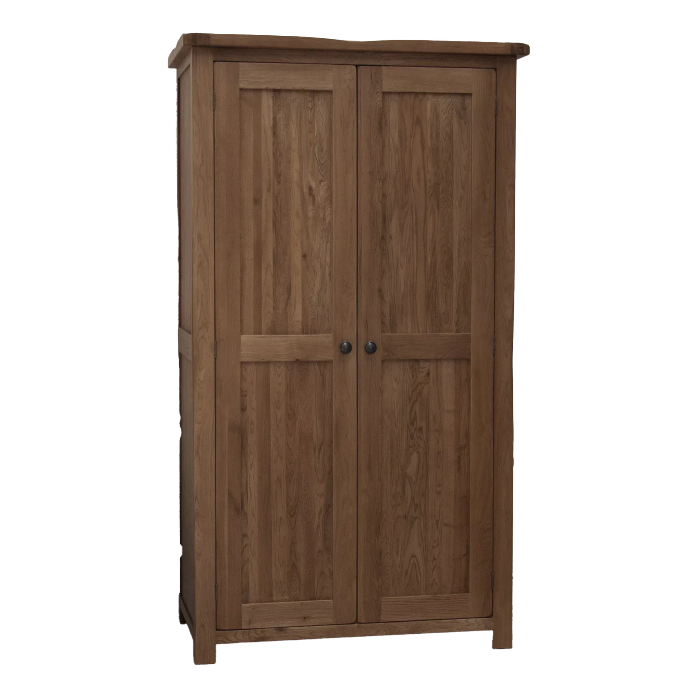 Solid oak wardrobe with two panelled doors and metal handles, front view