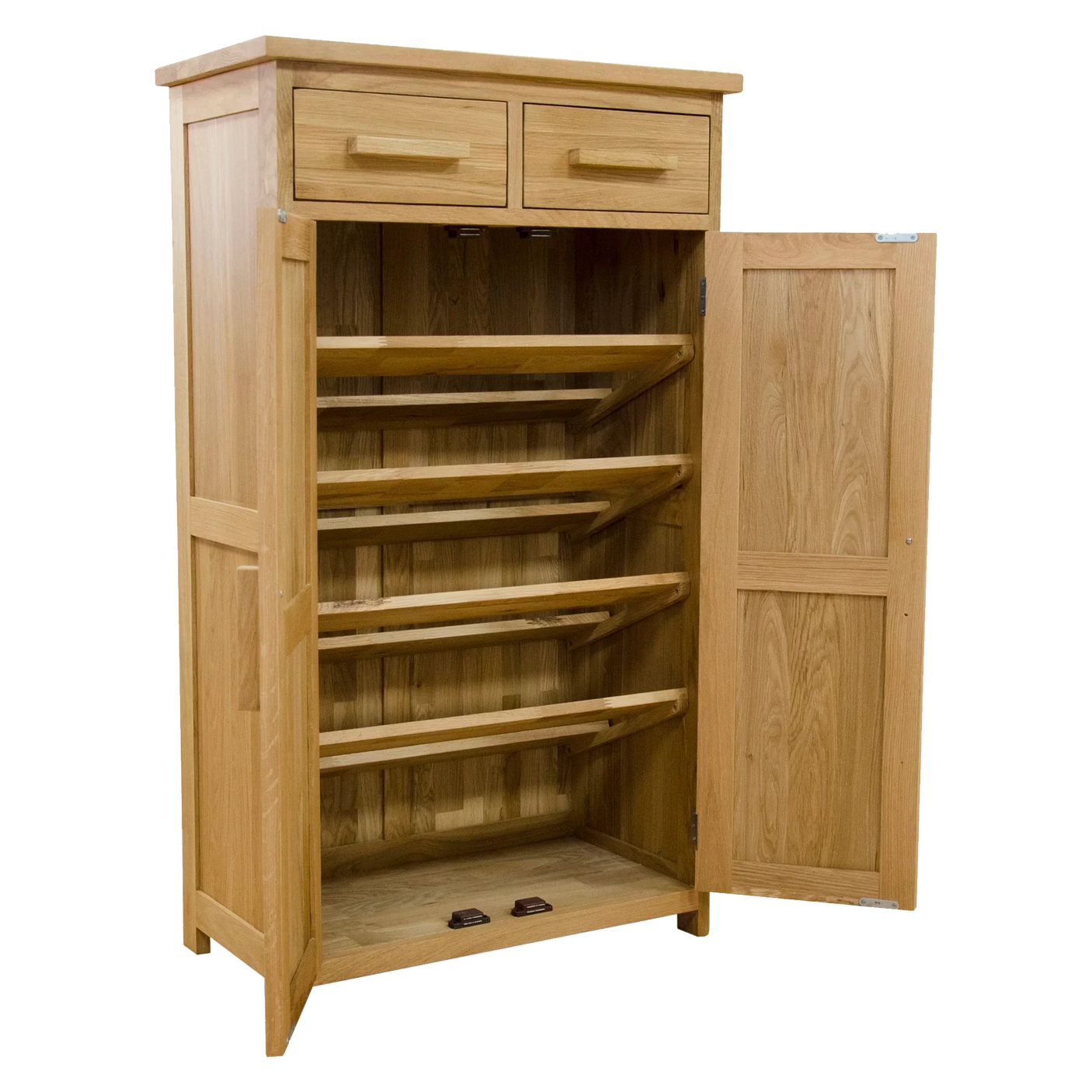 Oak shoe storage cabinet with open door, angled shelves and two top drawers