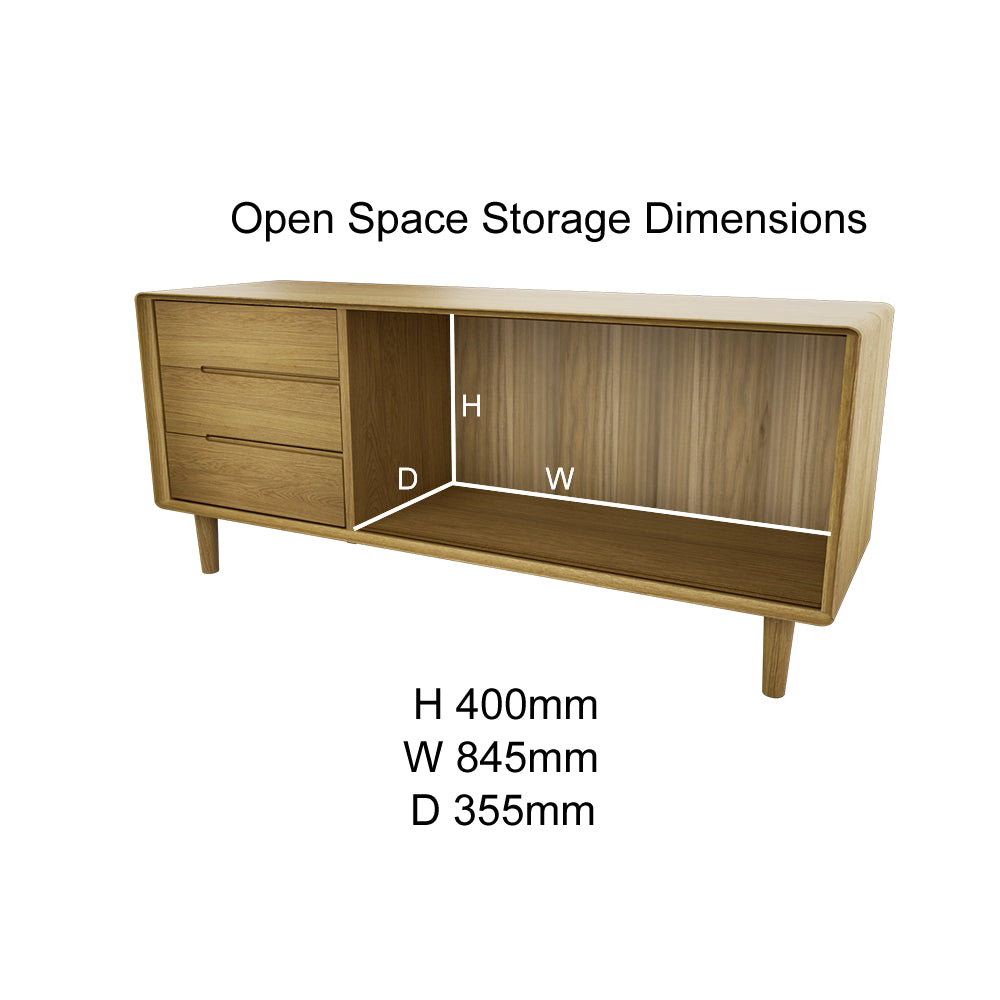 Oak sideboard with three drawers and open storage space, dimensions labeled 400x845x355mm