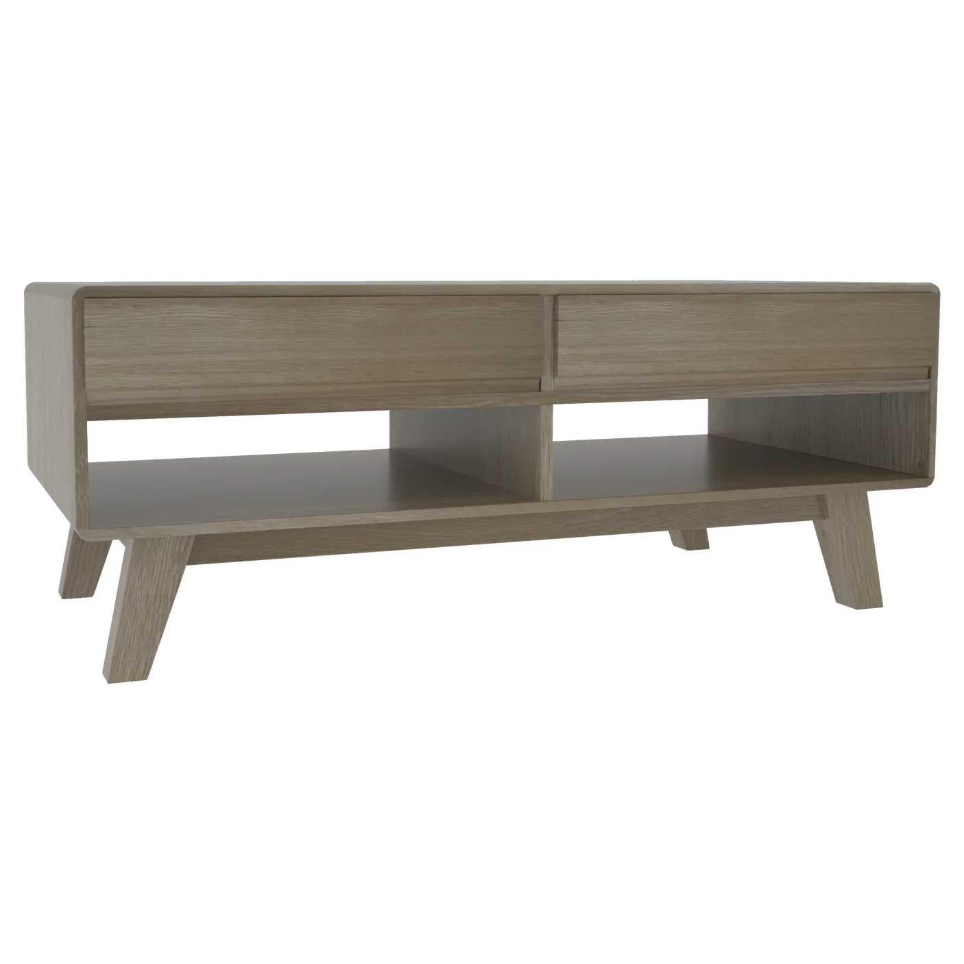 Light oak coffee table with angled legs, two drawers and open shelf storage