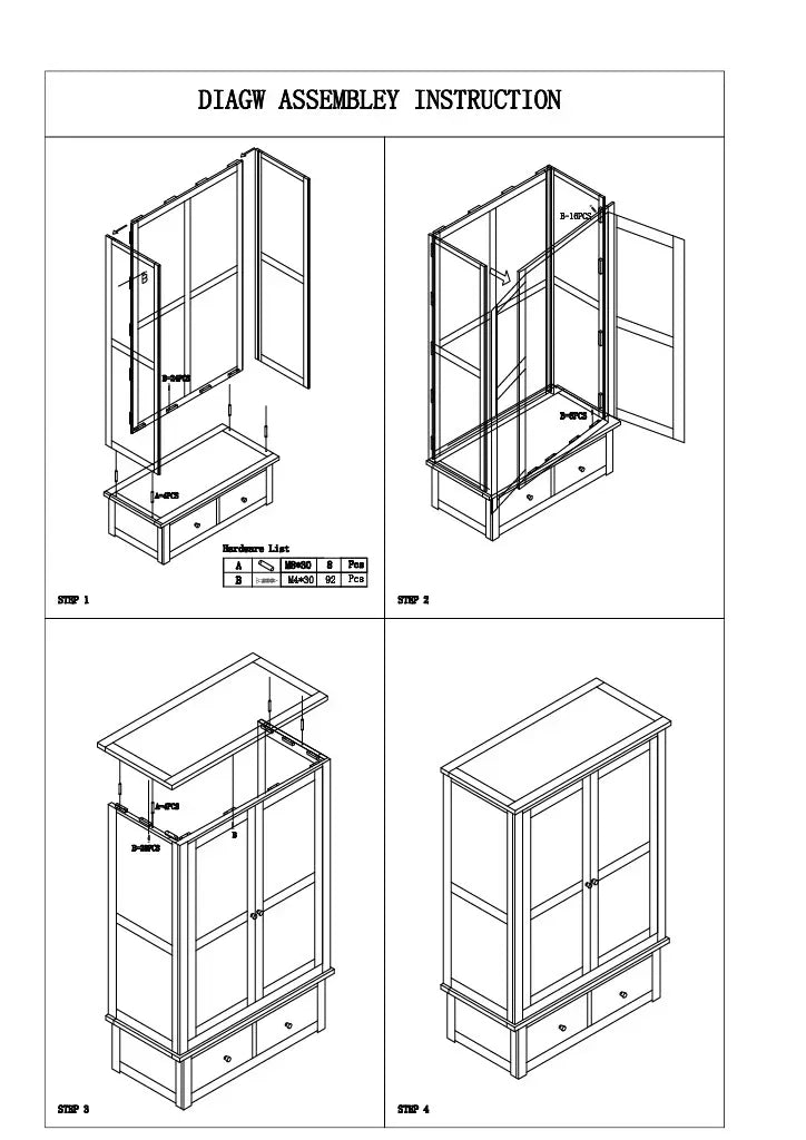 Wardrobe assembly instructions with step by step diagrams and hardware list