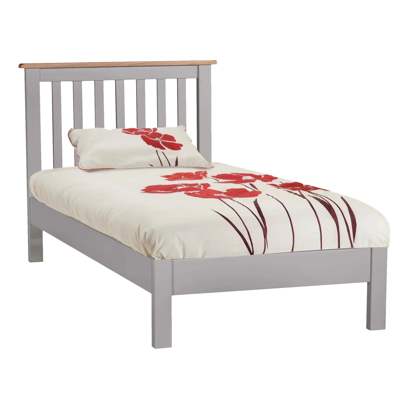 Grey wooden single bed frame with slatted headboard and floral bedding