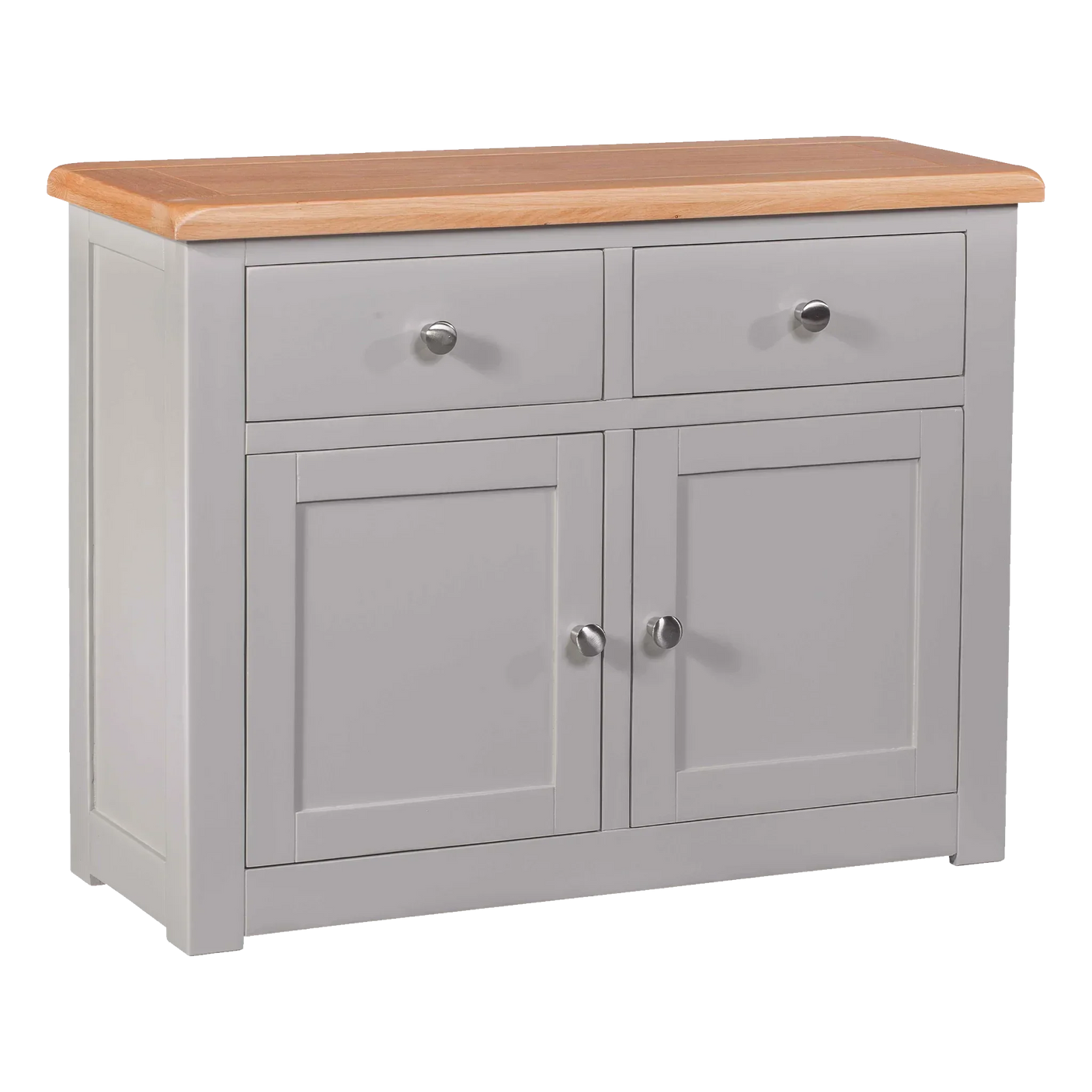 Grey sideboard with two drawers, double door storage and light wood top