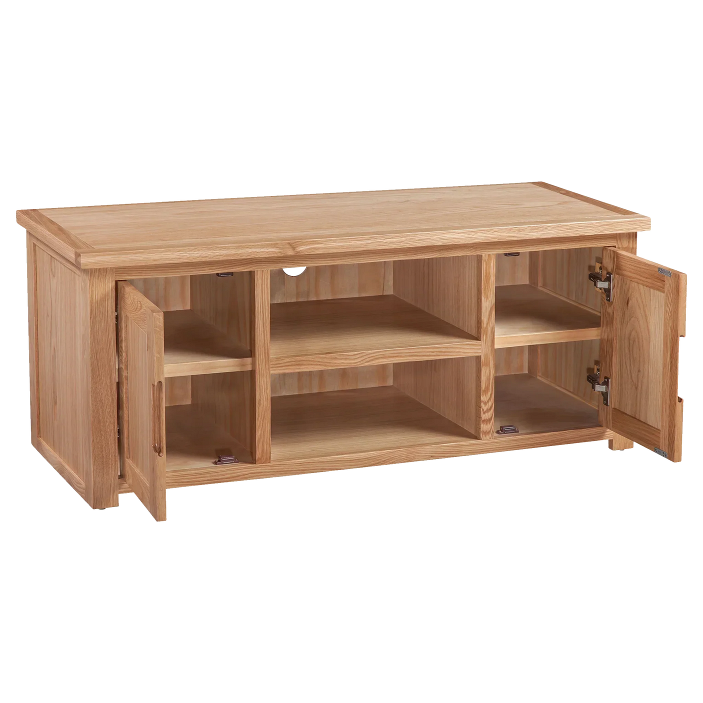 Oak TV unit with open storage shelves and side cupboards, natural wood finish