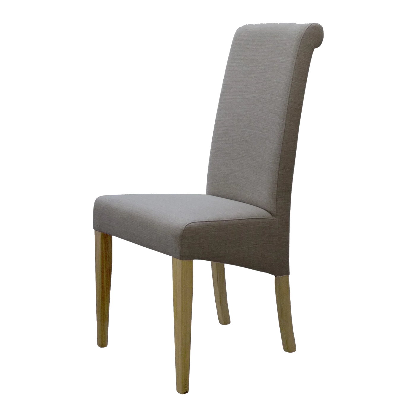 Upholstered dining chair with light wood legs and high backrest, side view