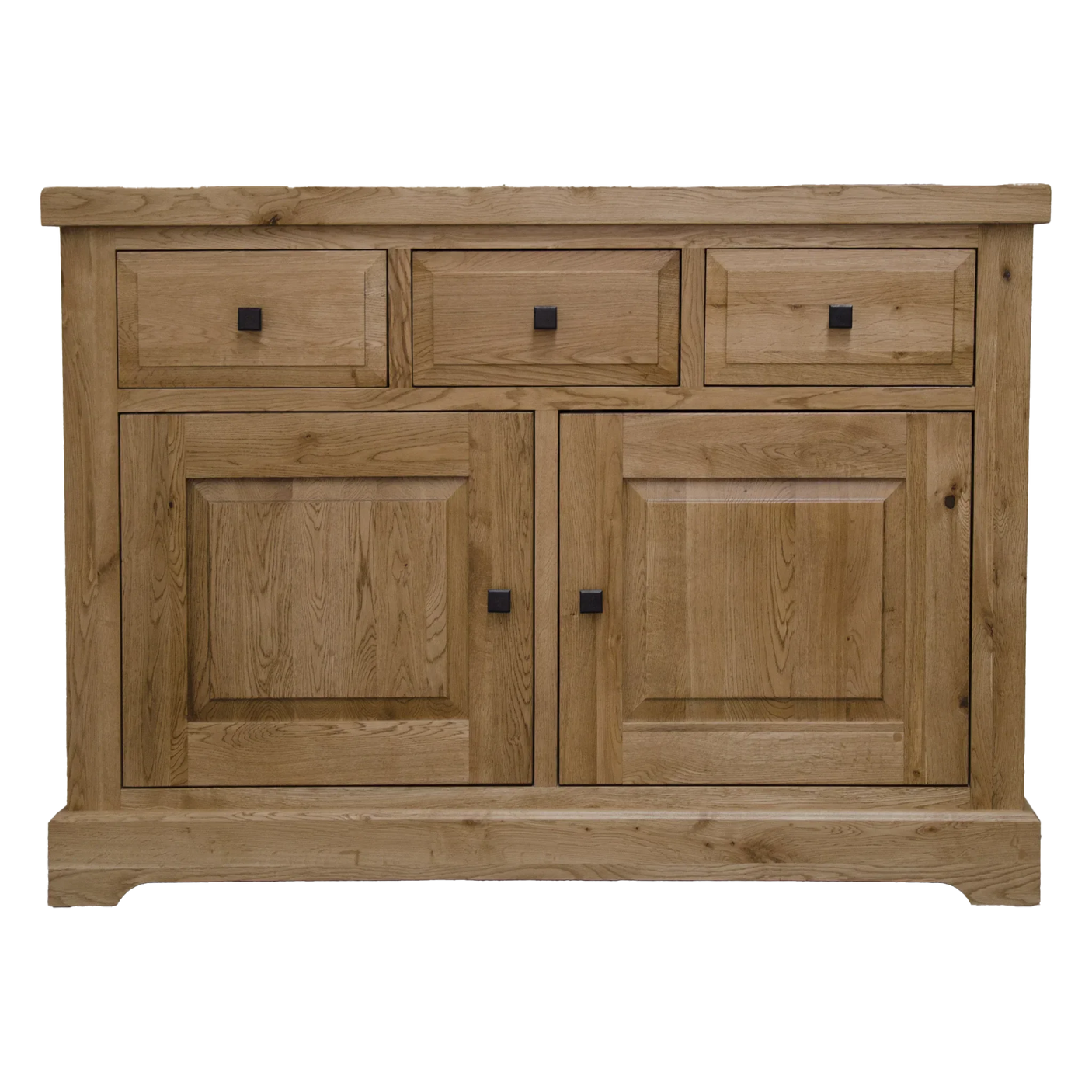 Oak sideboard with three drawers and two cabinet doors, square black handles, front view