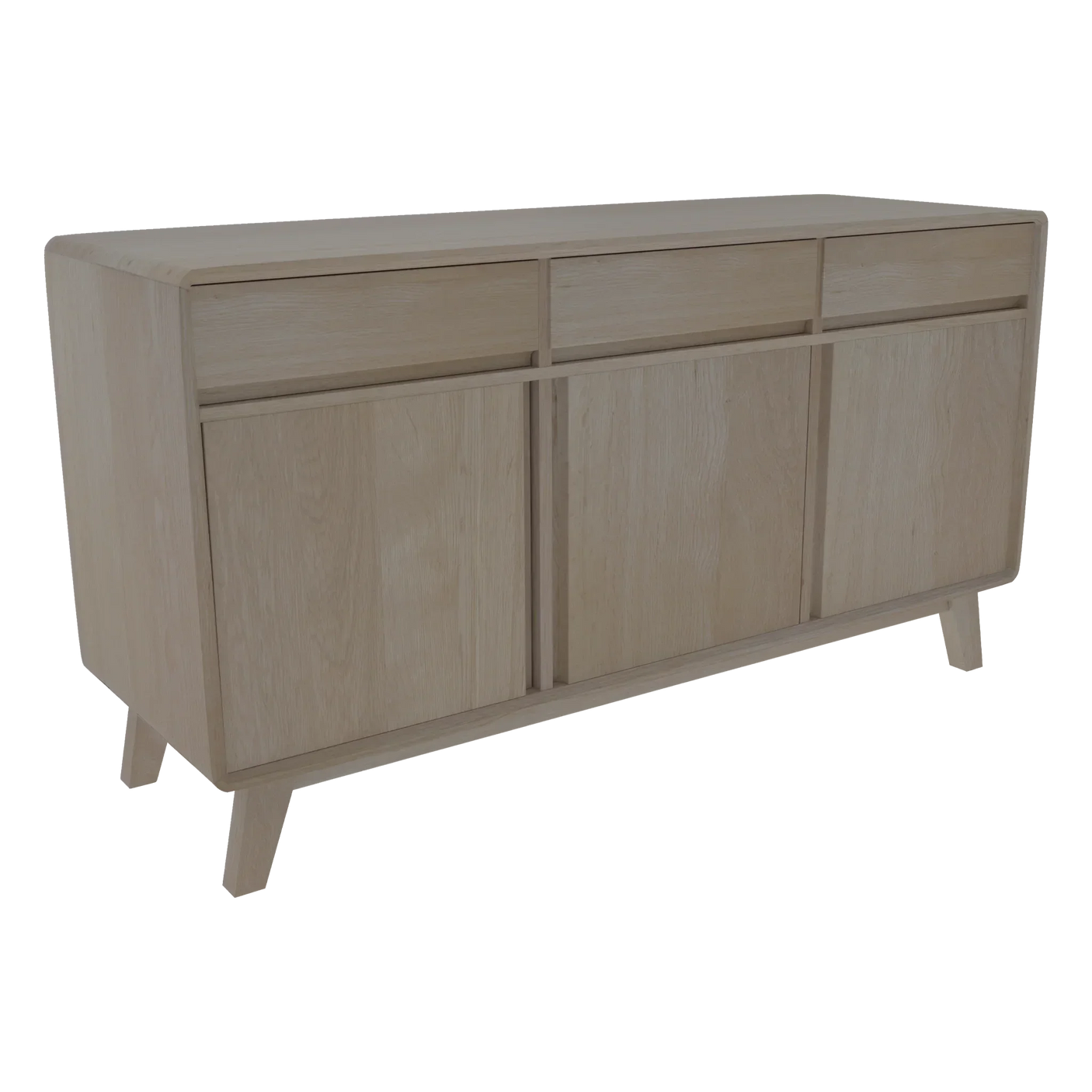 Natural oak sideboard with three drawers and three doors, angled legs, modern design