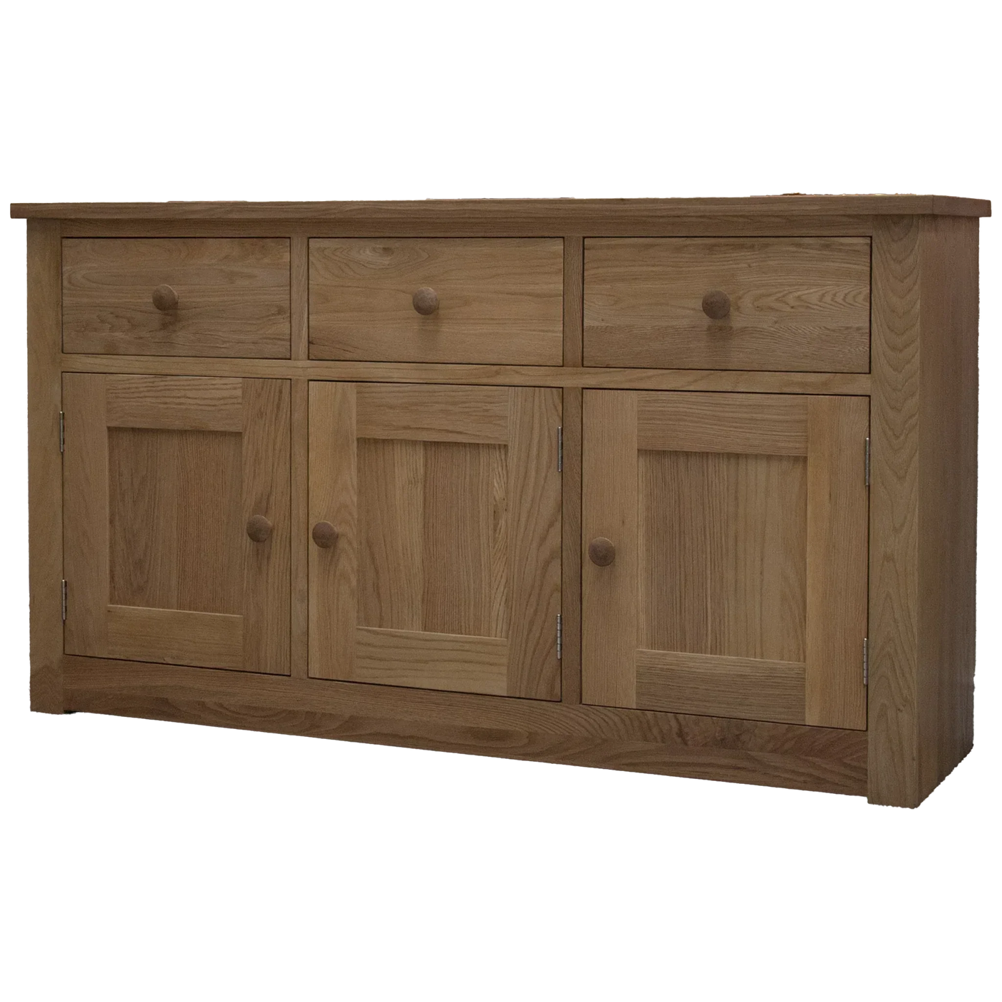 Oak sideboard with three drawers and three cabinet doors, natural wood finish