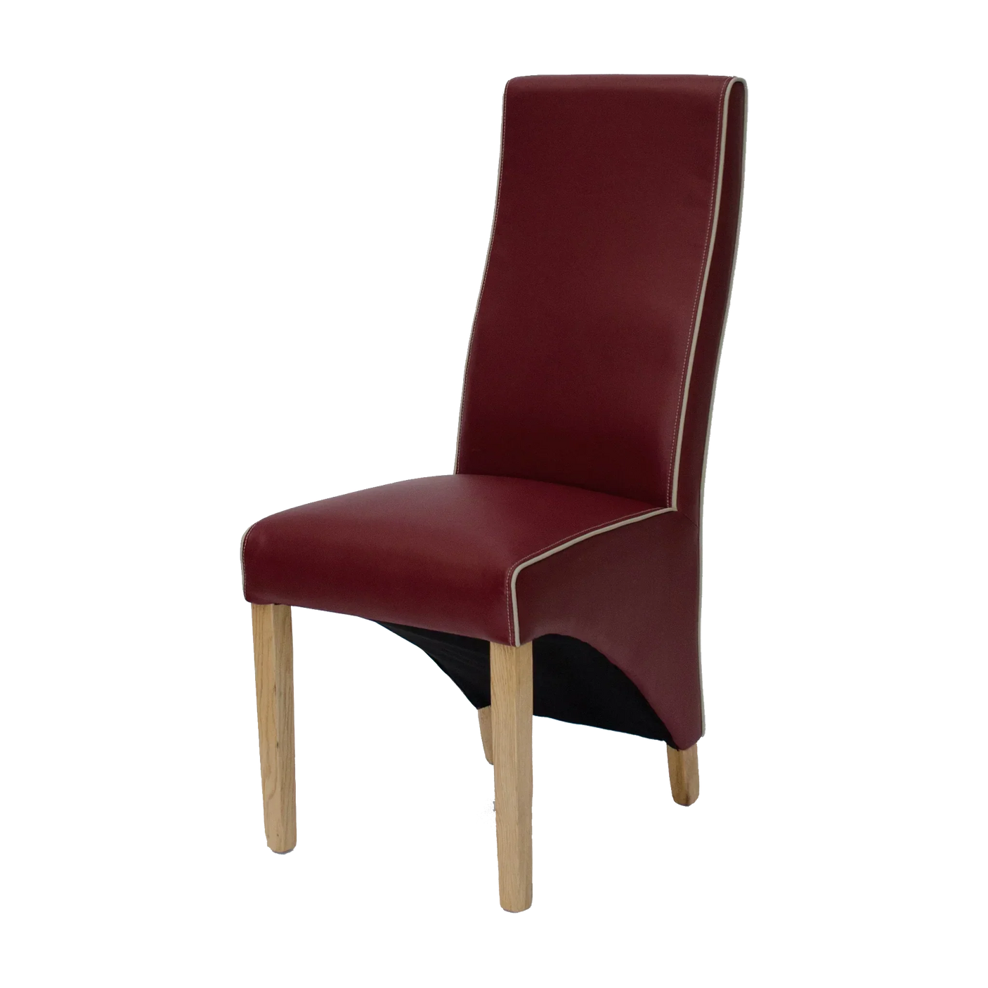 Burgundy leather dining chair with wooden legs and cream piping, side angle view
