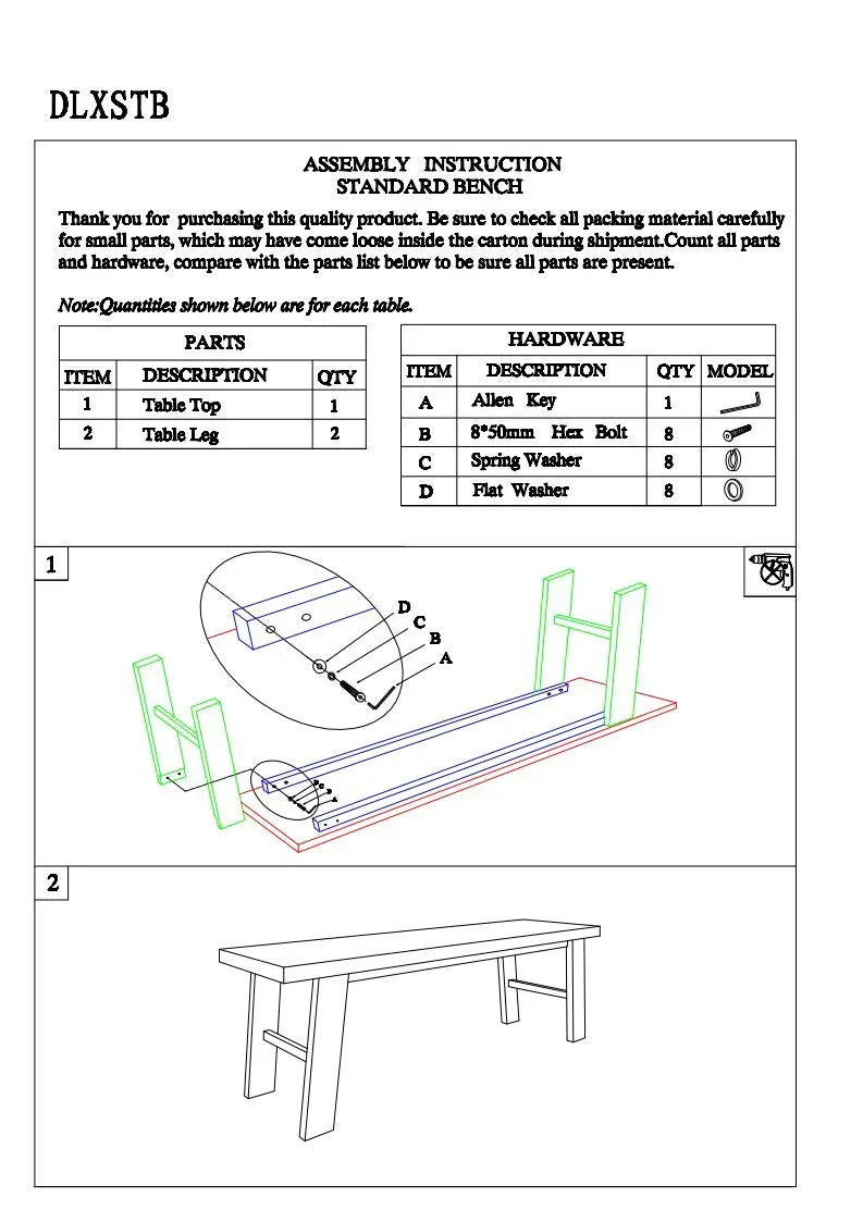 Standard bench assembly instructions with labeled parts and hardware, step-by-step diagram